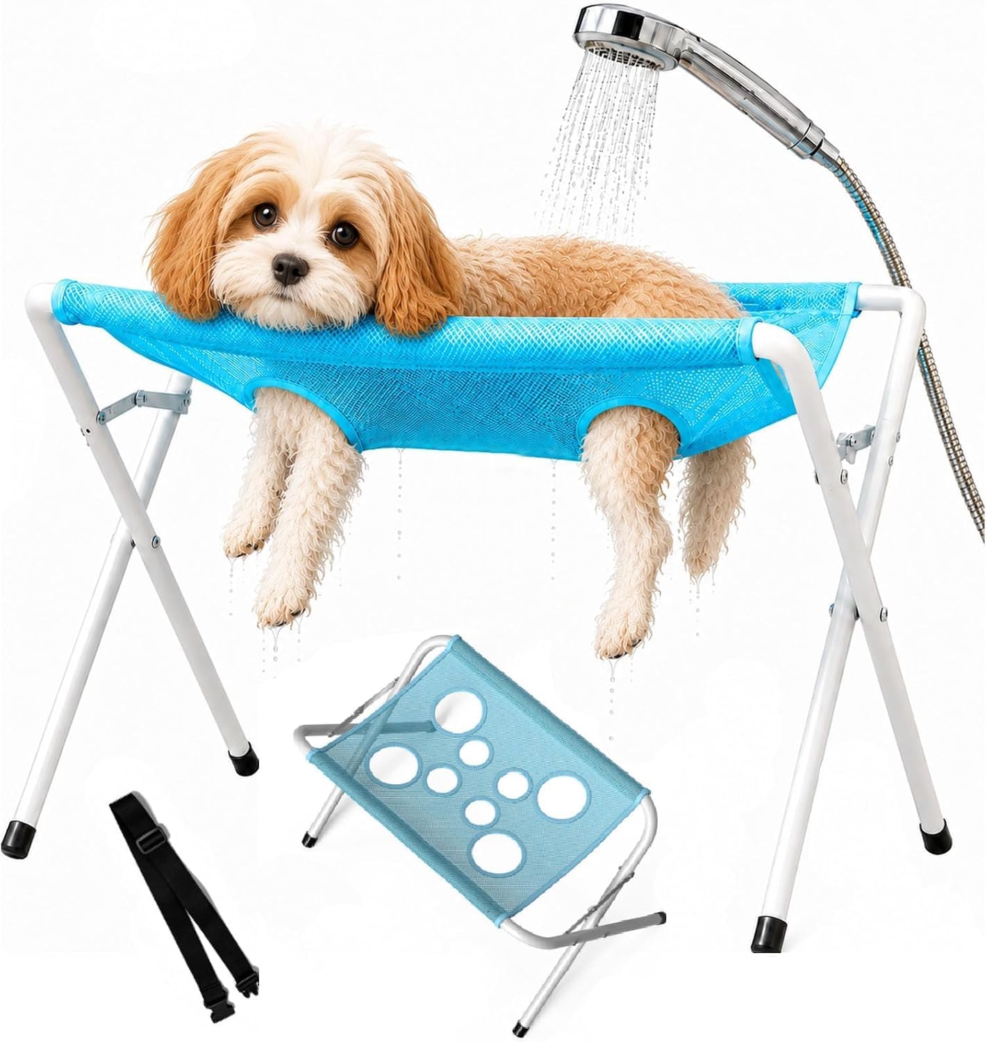 Dog Grooming Hammock, Foldable Dog Bath Holder Sling Shower Chair, for Trimming, Heavy-Duty Pet Bath Stool for Small & Medium, Washable Mesh with Harness Joint Support & Restraint (Blue-B)