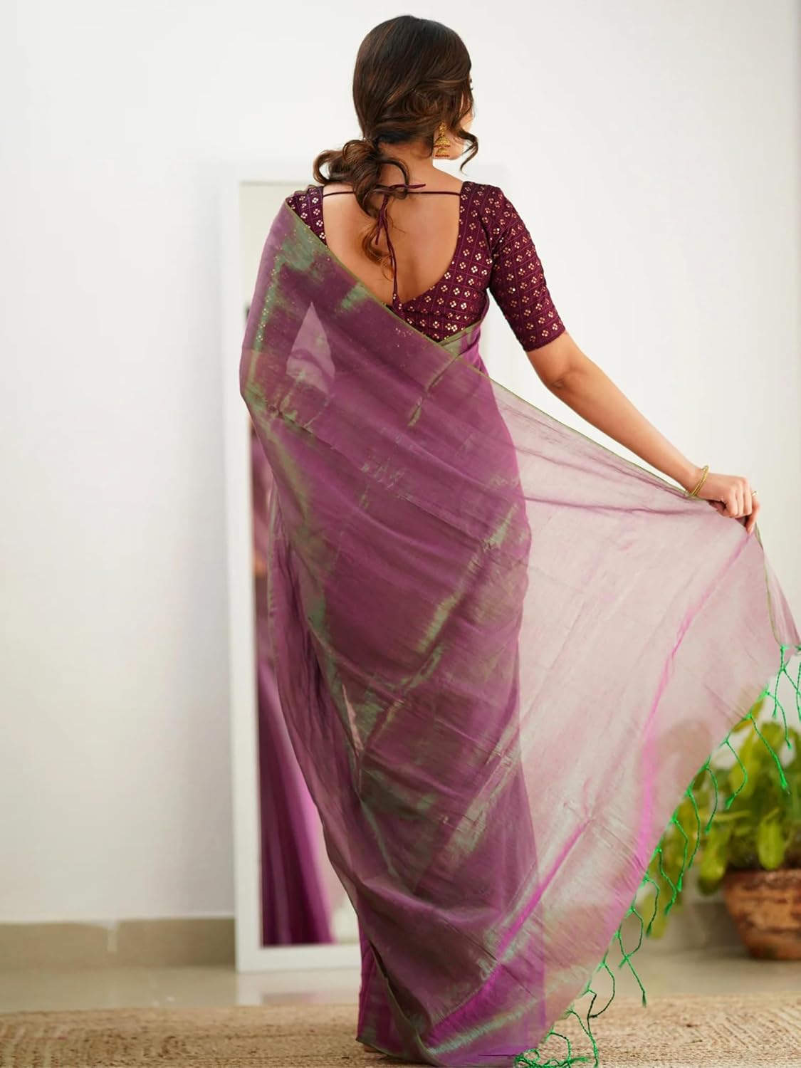 TRENDMALLS Women's Pure Tissue Cotton Handloom Saree with Dhupion Silk Embroidery Unstitched Blouse Piece