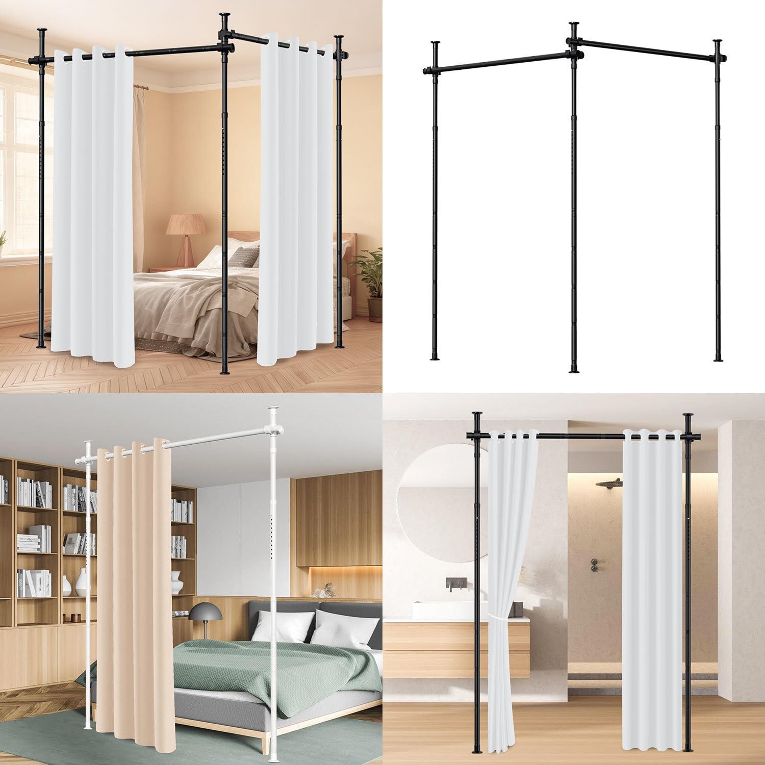 Freistehende Raumteiler Stange, Höhenverstellbar bis 320 cm, Ohne Bohren für Mietwohnung, Flexibler Sichtschutz & Trennwand, Metall Rahmen, Einfache Montage/Weiß