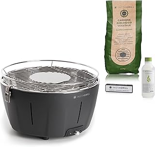Classe Italy | Parrilla de mesa de carbón sin humo. Con batería, carbón y gel incluidos. Barbacoa portátil, se enciende en solo 5 minutos. Barbacoa de camping PAK negro antracita