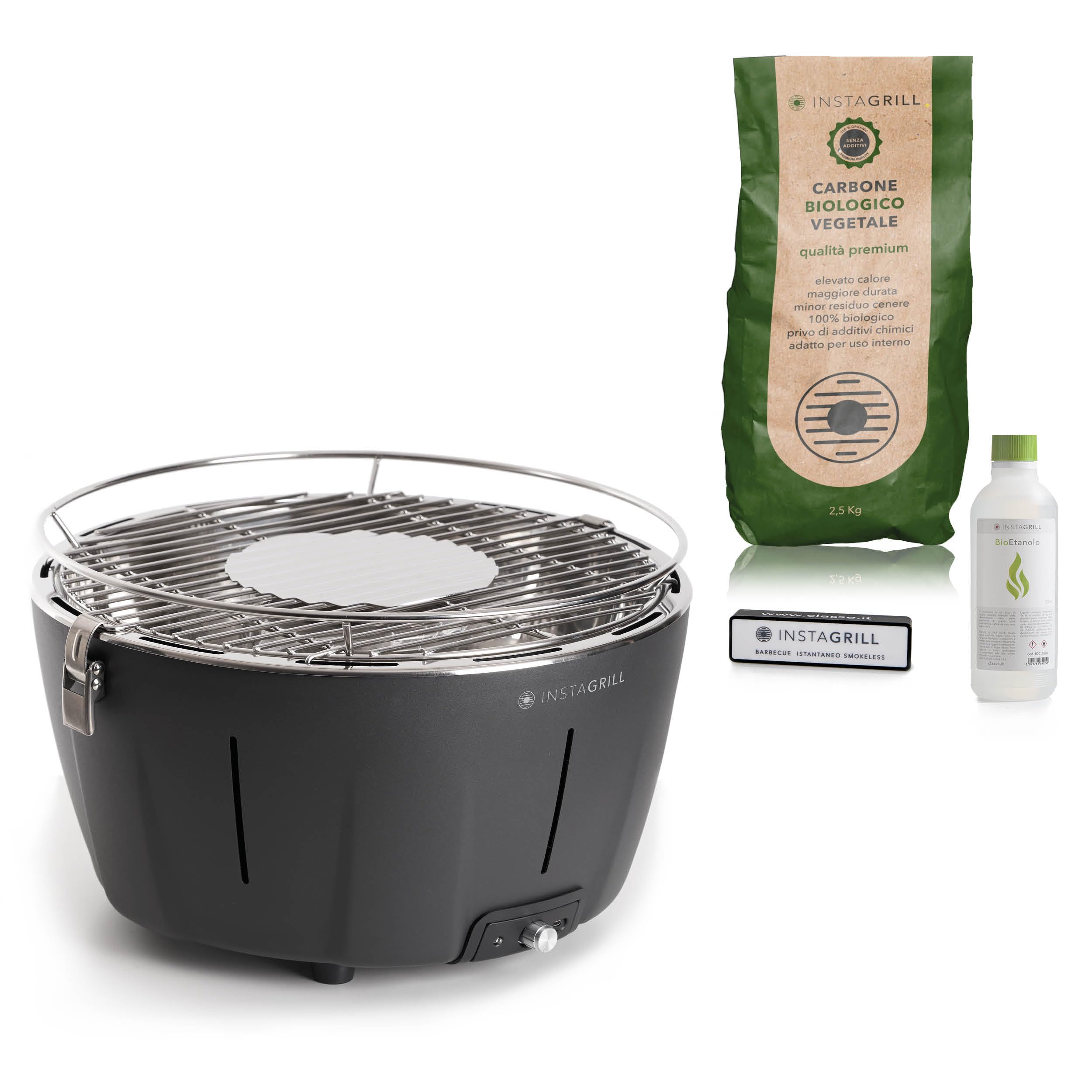 Clase Italia | Barbacoa de mesa a carbón sin humo. Con batería, carbón y gel INCLUIDOS. Barbacoa portátil, se enciende en solo 5 minutos. Barbacoa de camping. PAK Negro Antracita