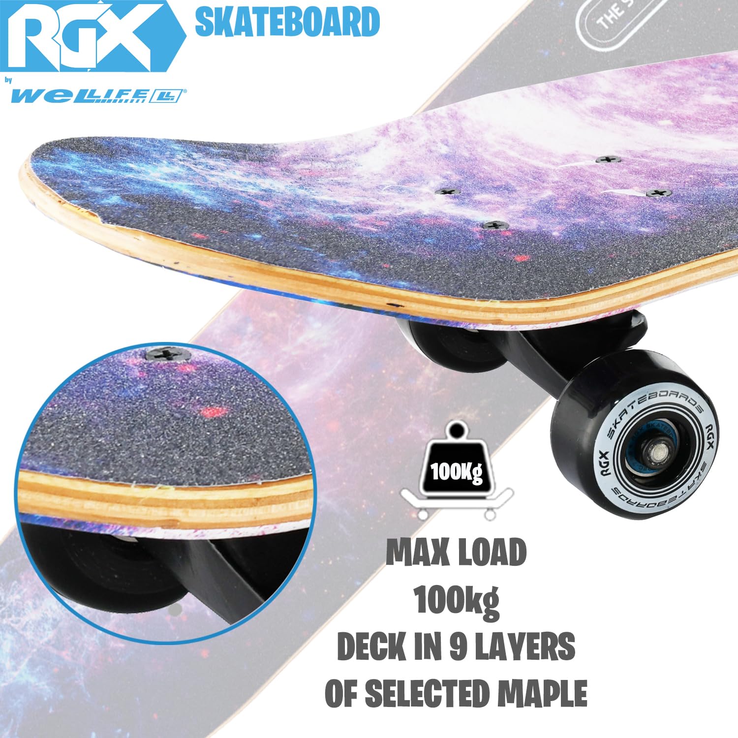 WeLLIFE Monopatín completo para principiantes – Serie RGX de madera de 80 x 20 cm, 9 capas de arce cóncavo Double Kick, rodamientos ABEC-7, dibujo sobre Grip Tape – Apto para niños, jóvenes y adultos