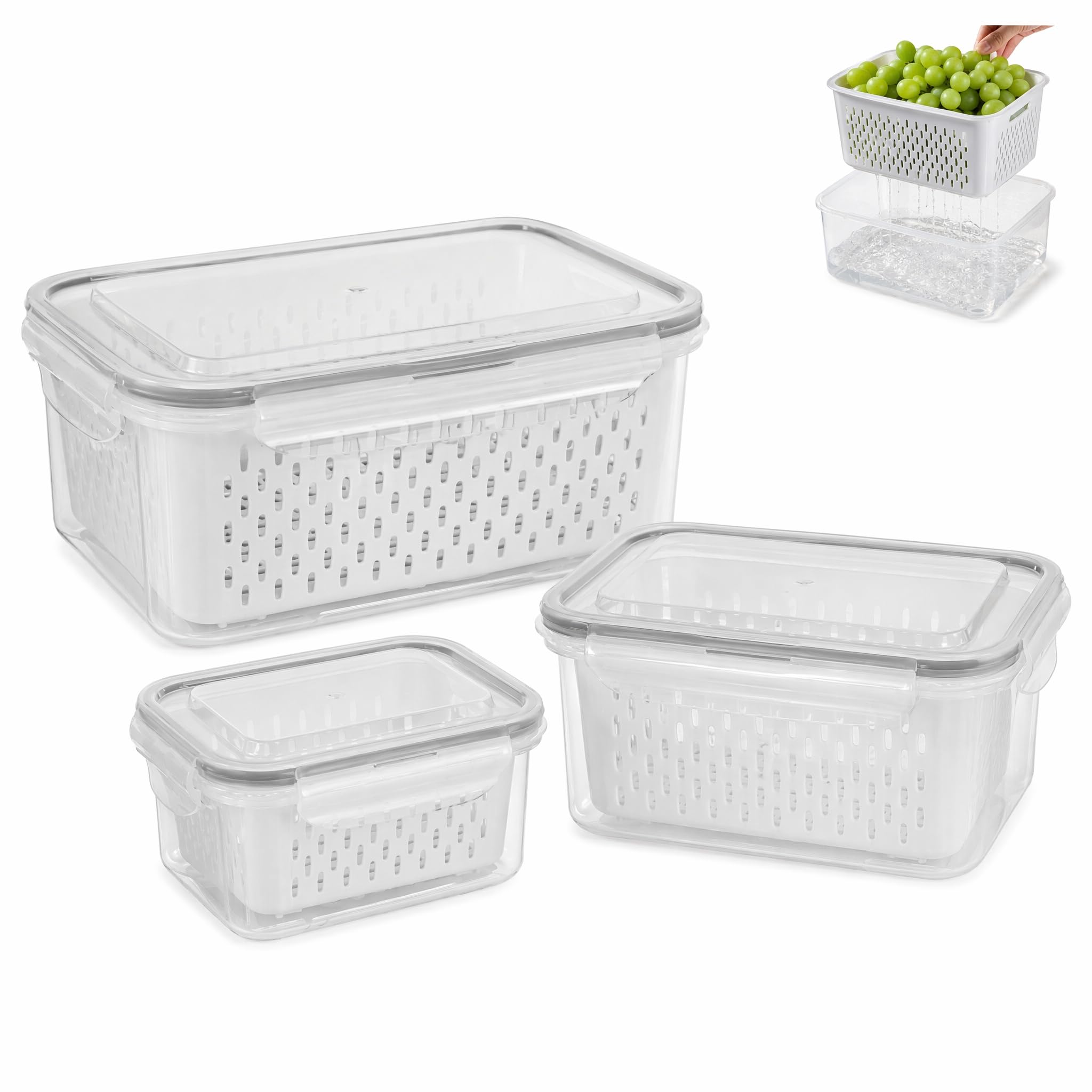 Qixkuric Fruit Storage Containers, 3 Set Fridge Fruit Storage Containers with Colander Leak Proof Fresh Salad Prep Bowls Stackable Bins for Washing Draining and Vegetables (Grey)