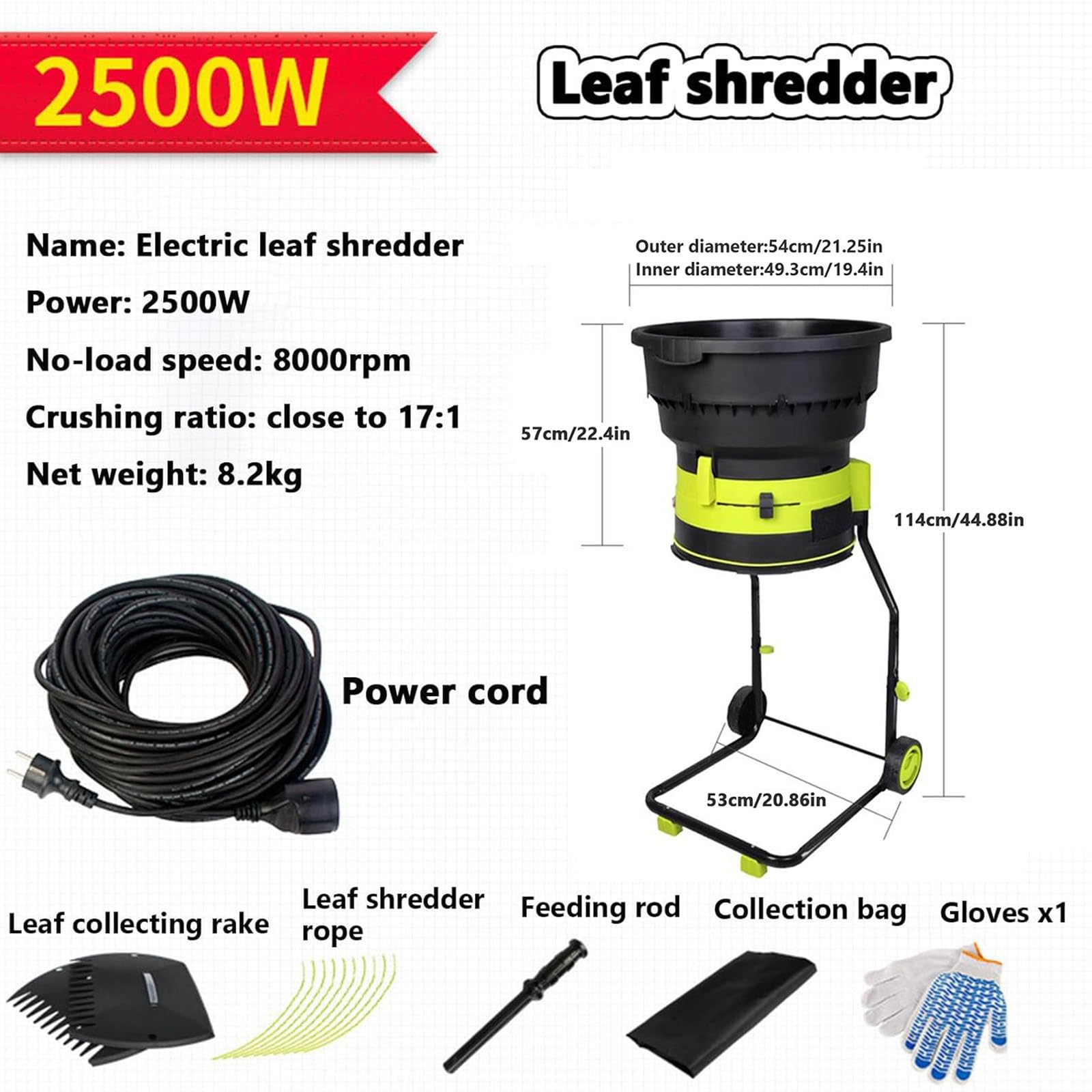 Trituradora De Hojas Eléctrica Sin Cuchillas 2500 W Trituradora Eléctrica Con Cable Y Ruedas Y Bolsa Recolectora Jardín Trituradora 8000 Rpm,Para Hojas,Césped Y Recortes Jardín,noPowercord