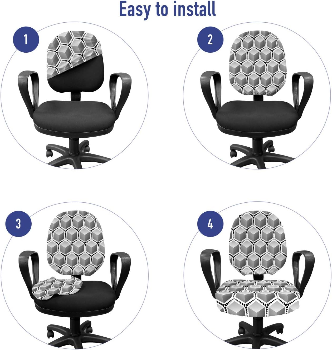 Lunarable Grey Abstract Office Chair Slipcover, Geometrical Cubes Pattern with 3D Effect Surrounded with Black Dots, Protective Stretch Decorative Fabric Cover, Grey Black and White