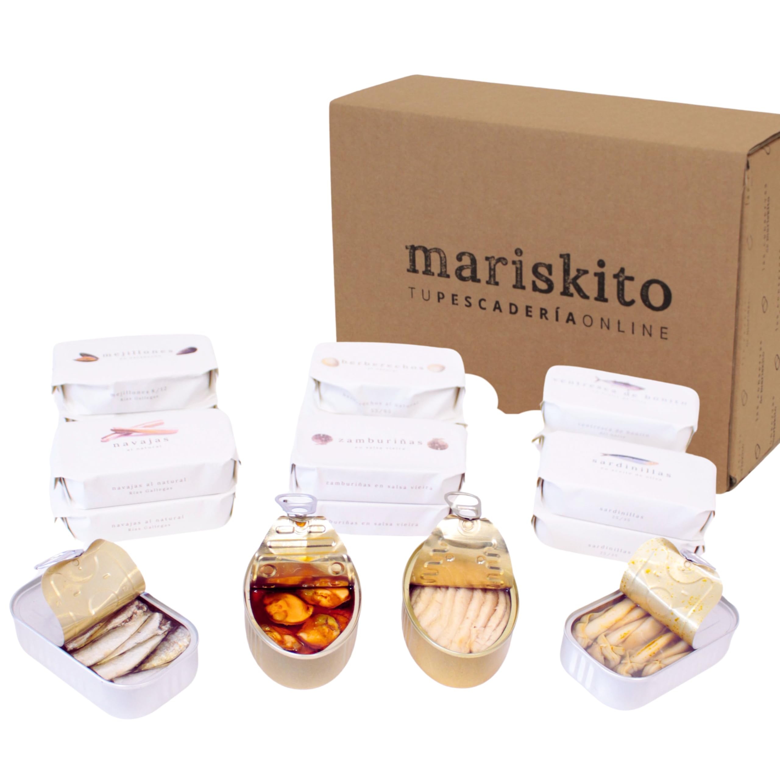 MARISKITO | Paket La Mar de Variado - 12 Gourmetkonserven - Dosen mit Galicischen Konserven - Geschenkkorb - Delikatessen-Produktset