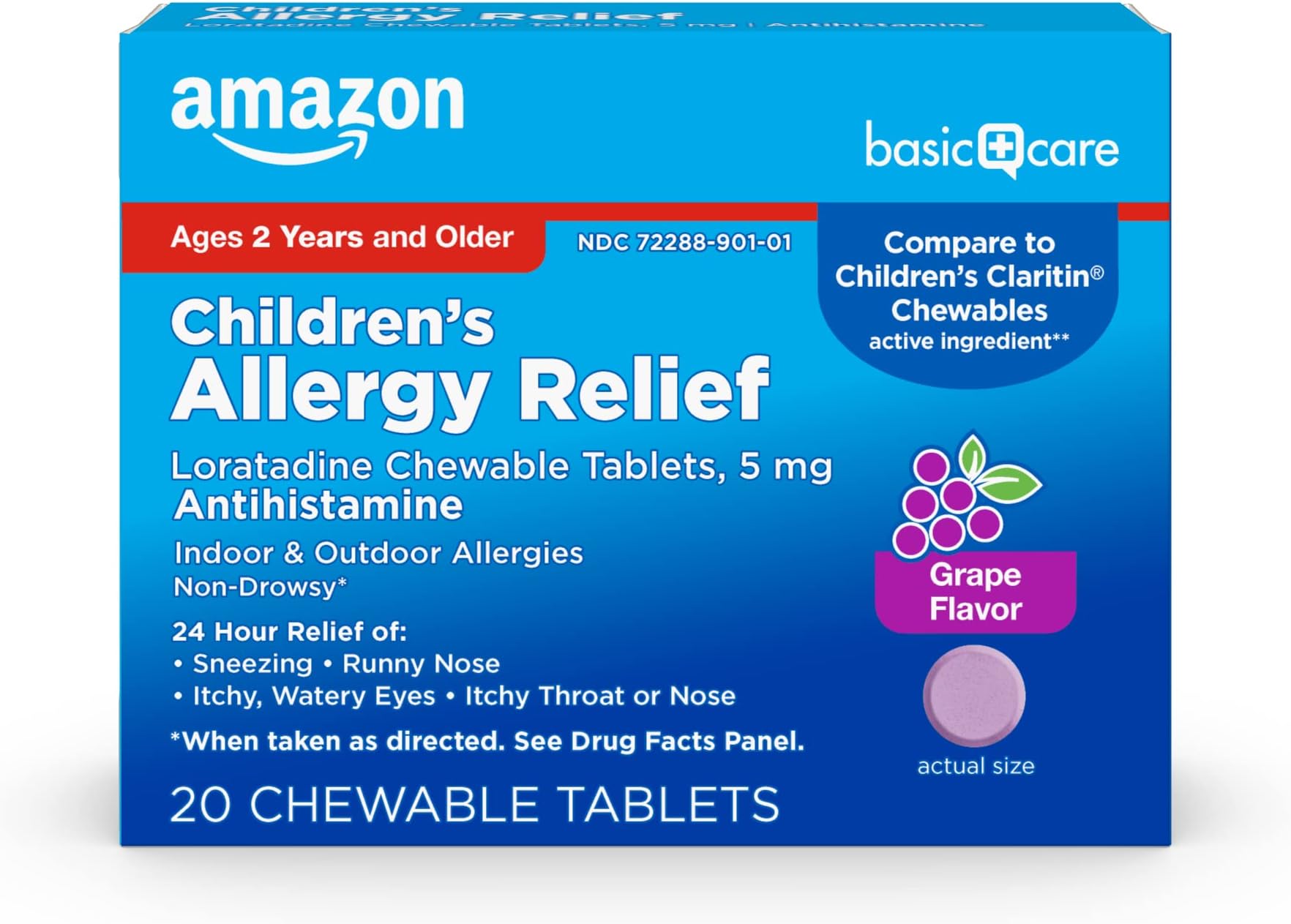 Children's Allergy Relief, Loratadine Chewable Tablets, 5 mg, Non-Drowsy Antihistamine, 24 Hour Medicine for Indoor & Outdoor Allergies, Grape Flavored, Ages 2+, 20 Count