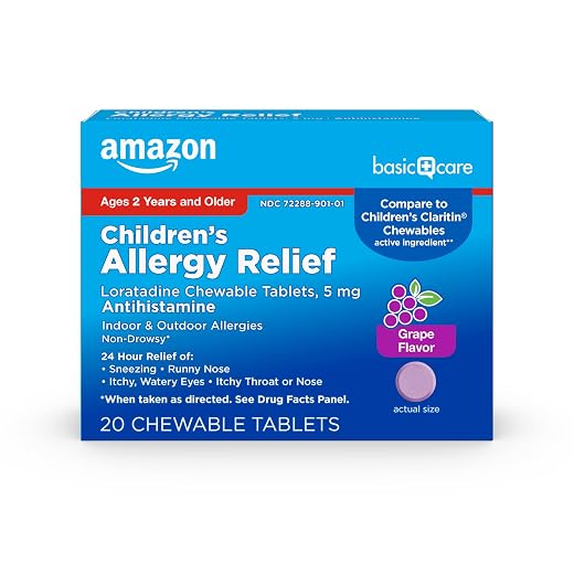 Amazon Basic Care Children's Allergy Relief, Loratadine Chewable Tablets, 5 mg, Non-Drowsy Antihistamine, 24 Hour Medicine for Indoor & Outdoor Allergies, Grape Flavored, Ages 2+, 20 Count