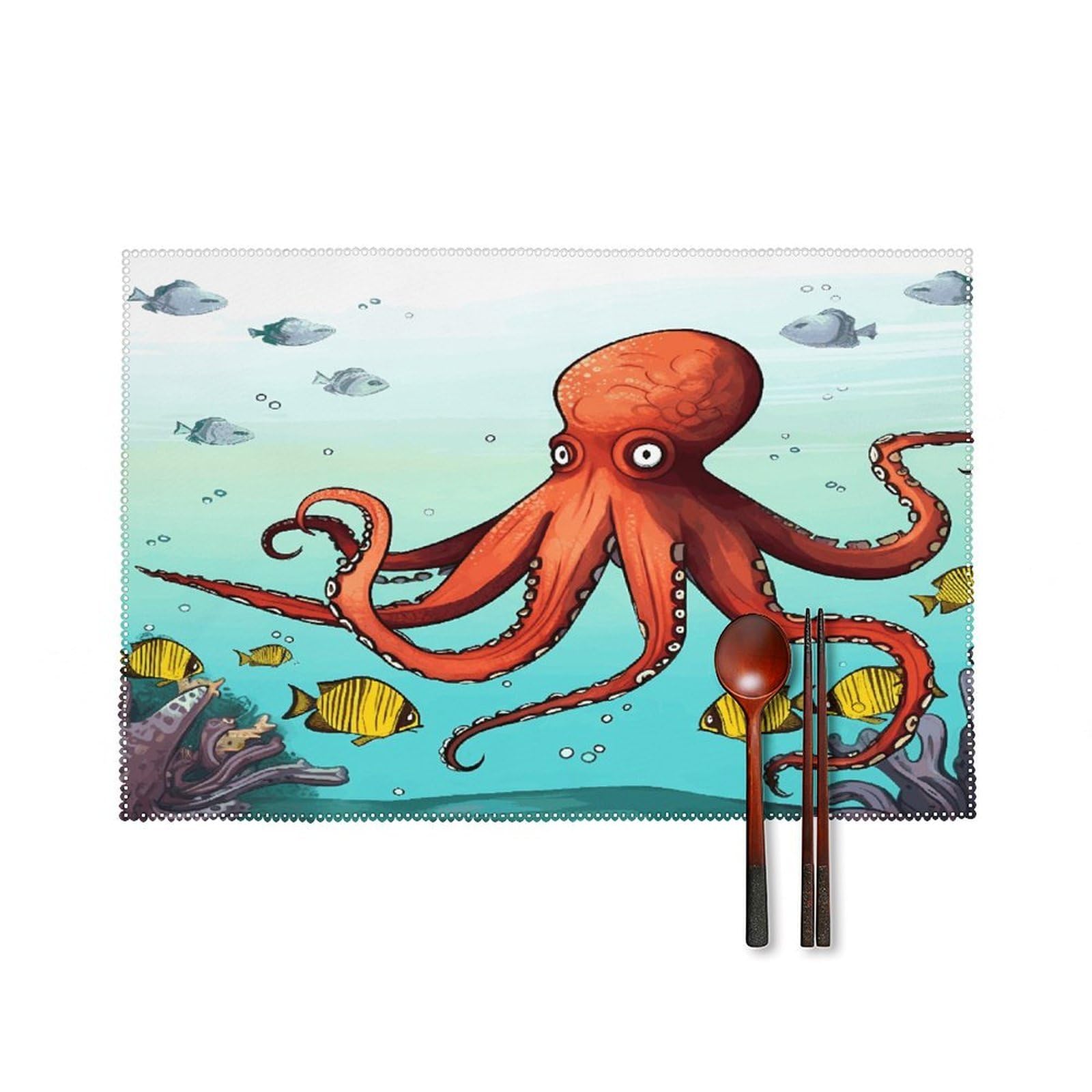 Giant Octopus Placemats Set of 4 Heat Resistant Non-Slip Place Mats Reusable Dining Table Mats Canvas Place Mat Anti-Fading Waterproof Placemats for Dining Table Decor