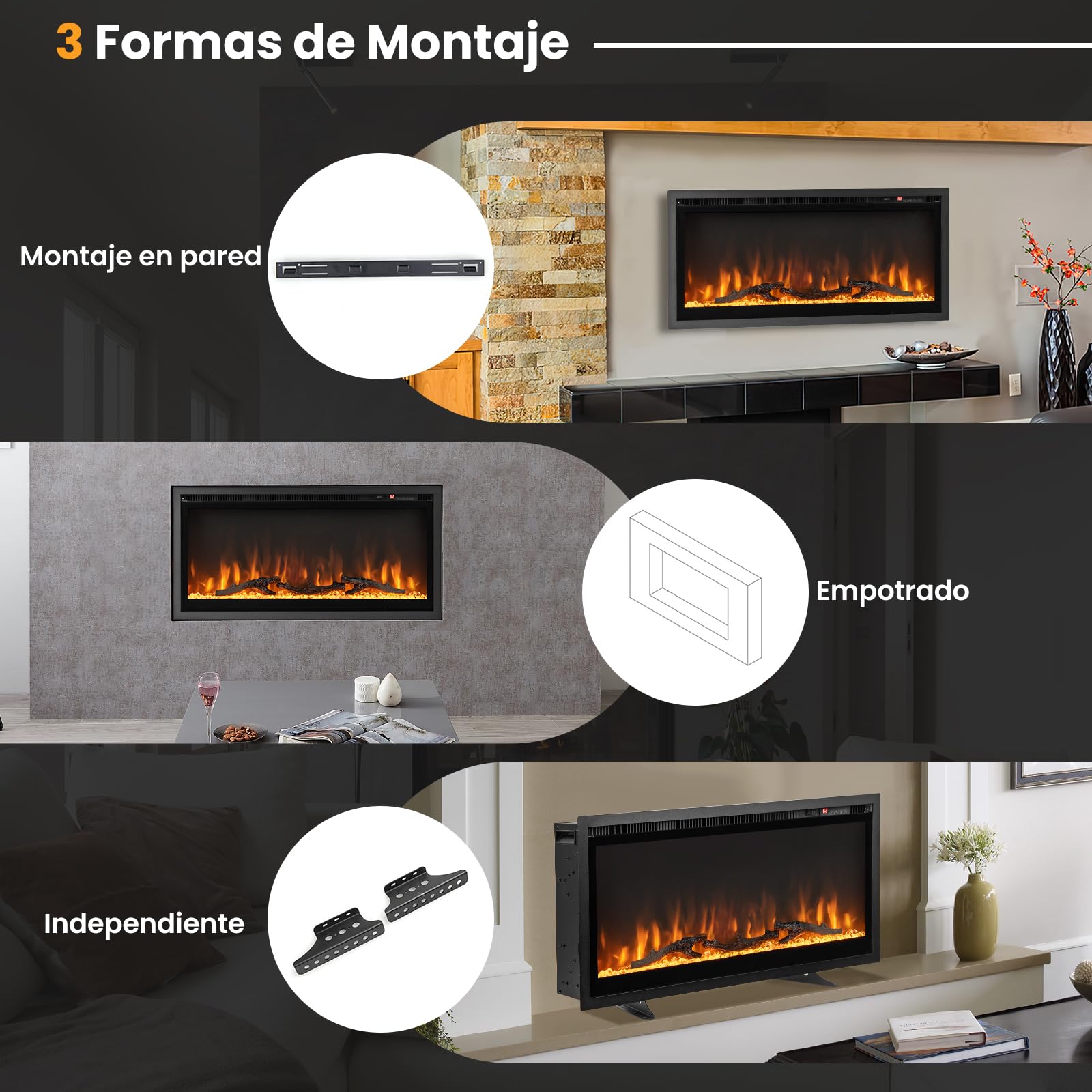 COSTWAY Chimenea Eléctrica de 91,5cm Empotrable en Pared, 750W/1500W Calentador con Control Remoto, Color y Brillo de Llama Ajustables, Termostato, Protección contra Sobrecalentamiento