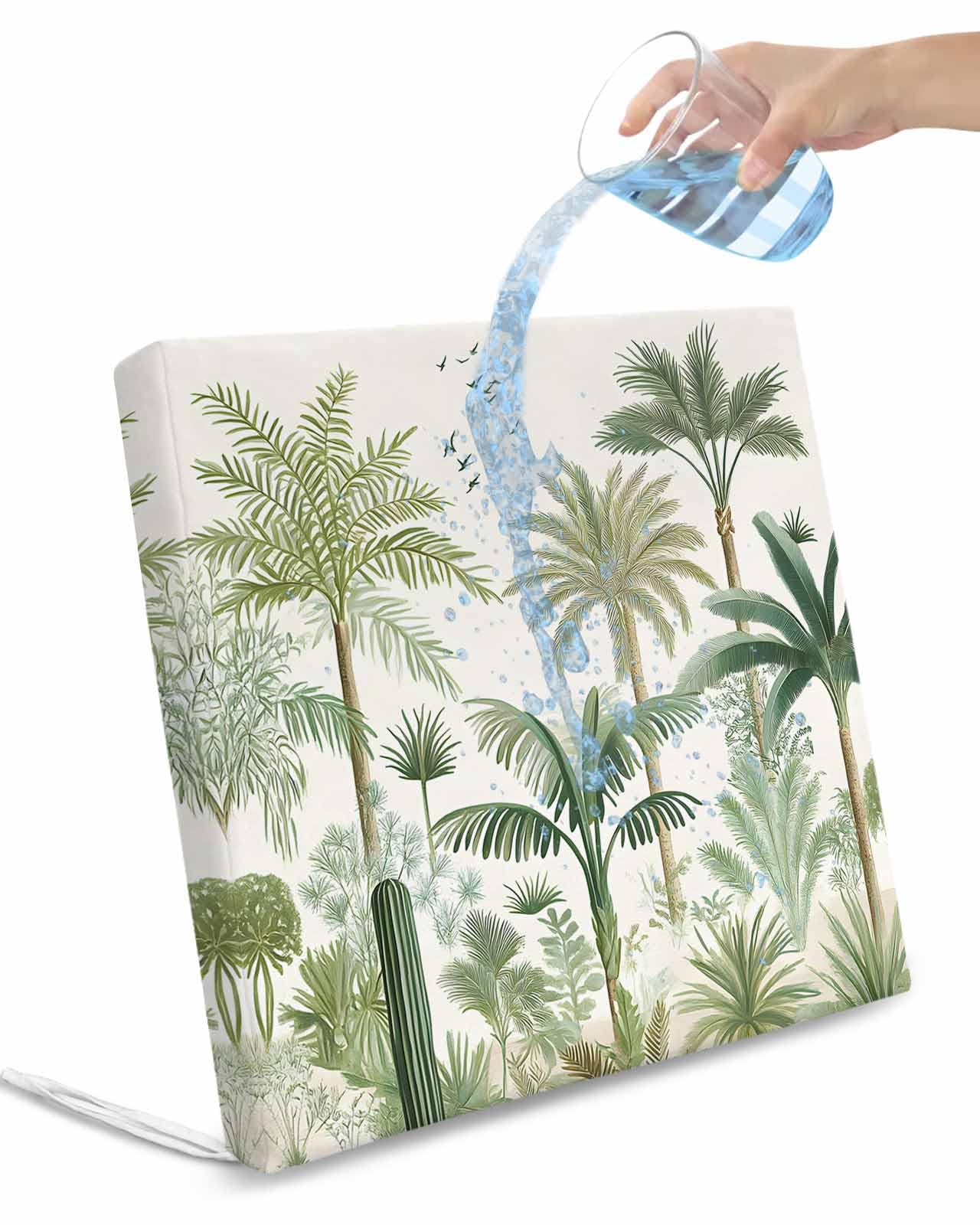 2 Pack Green Palm Trees Waterproof Cushion Covers with Ties, Outdoor Patio Chaise Lounge Chair Seat Cushion Slip Covers Replacement(Only Cover) Farmhouse Summer Leaves Plants Birds 24