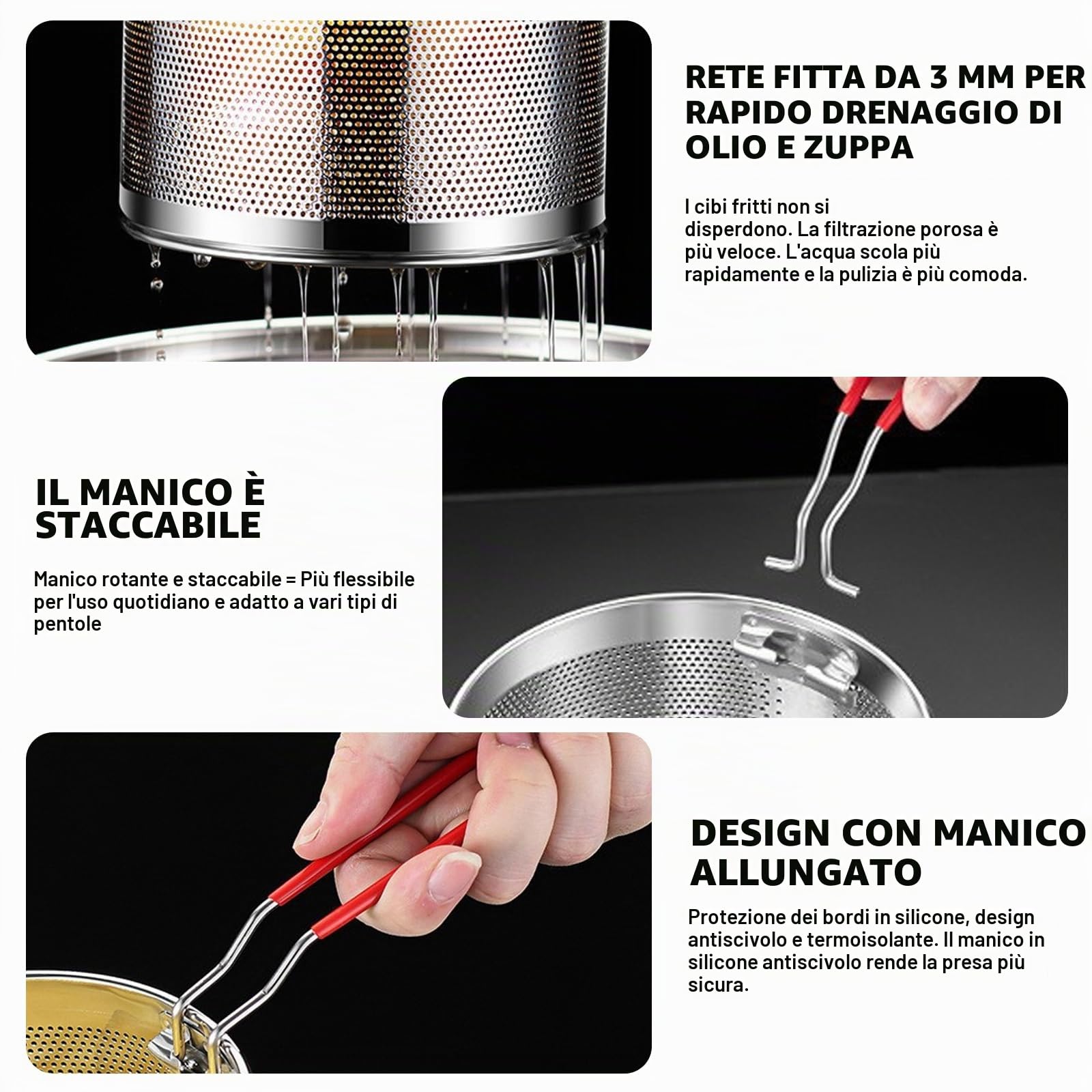 Cestino per patatine, 3 pezzi, in acciaio inox, per alimenti, per la pasta, con manico rimovibile, colino da cucina, colino da cucina per il lavaggio, sgocciolare, friggere, cottura a vapore