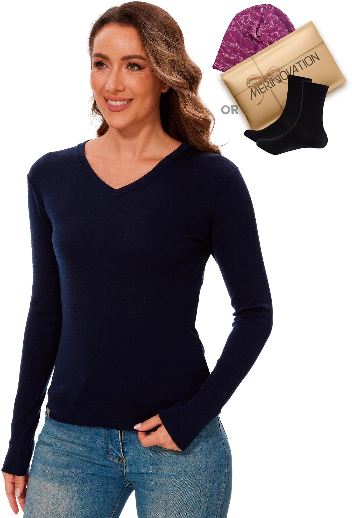 MERINNOVATION Merino Wool Base Layer Women - 100% Merino Wool Shirts for Women Lite - Midweight Long Sleeve V-Neck Tops
