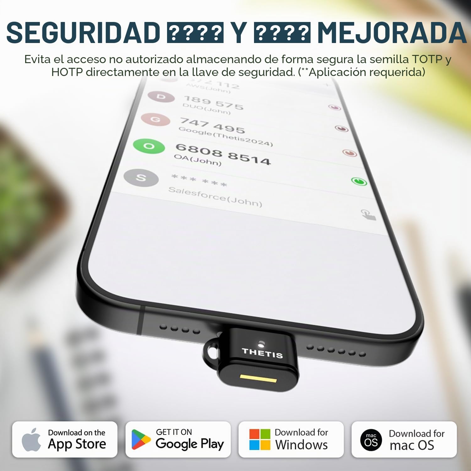 Thetis Nano-C FIDO2 - Dispositivo de Llave de Seguridad con USB Tipo C, TOTP/HOTP, FIDO2.0 autenticación de Dos factores 2FA MFA, Funciona con Windows/Mac/iOS/Android/Linux/Gmail/Facebook/GitHub
