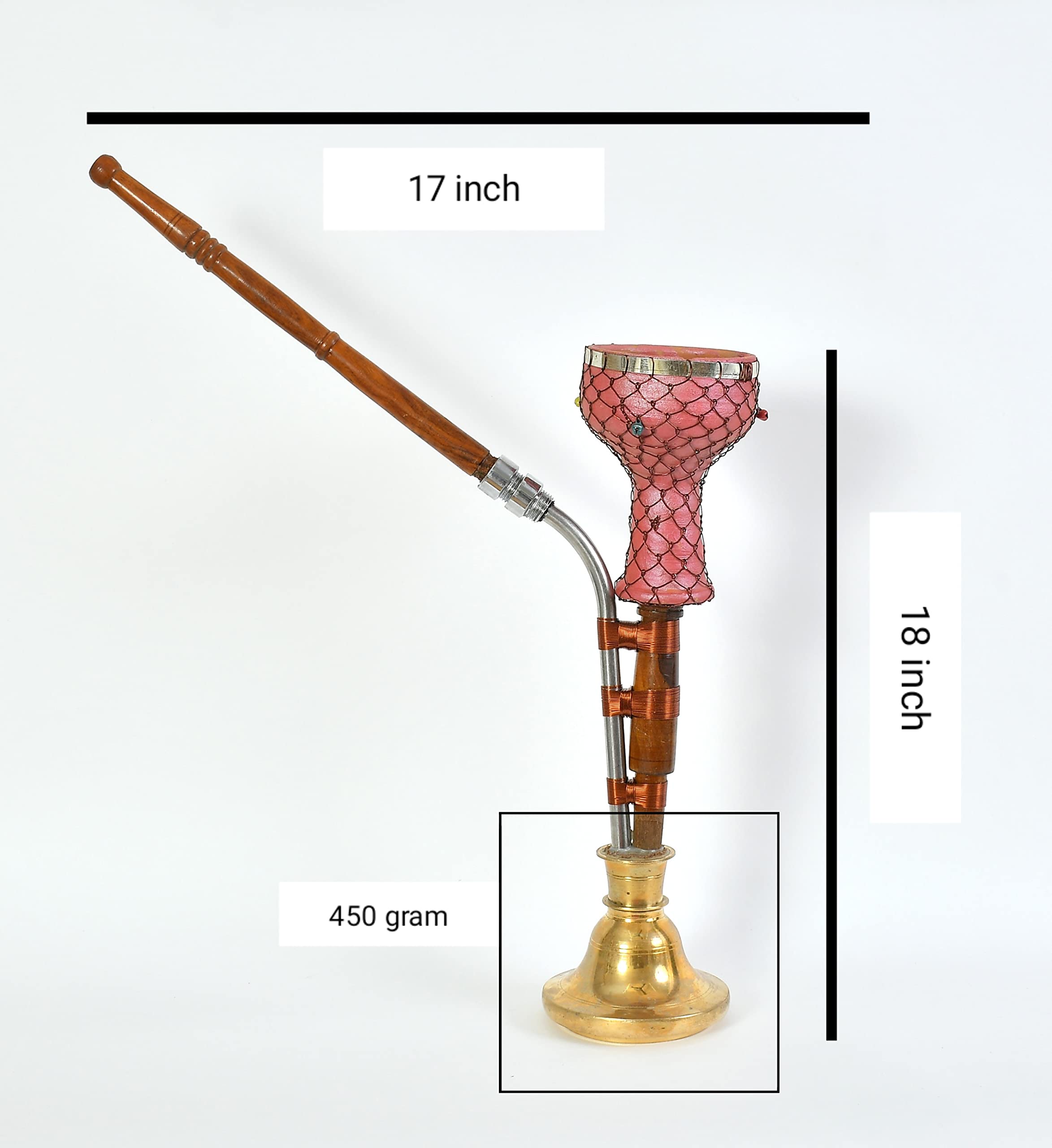 Copper Gold Ross desi Brass Haryanvi Hookah pital with Stand and mitti chillum Size 18×17×5 inches 4