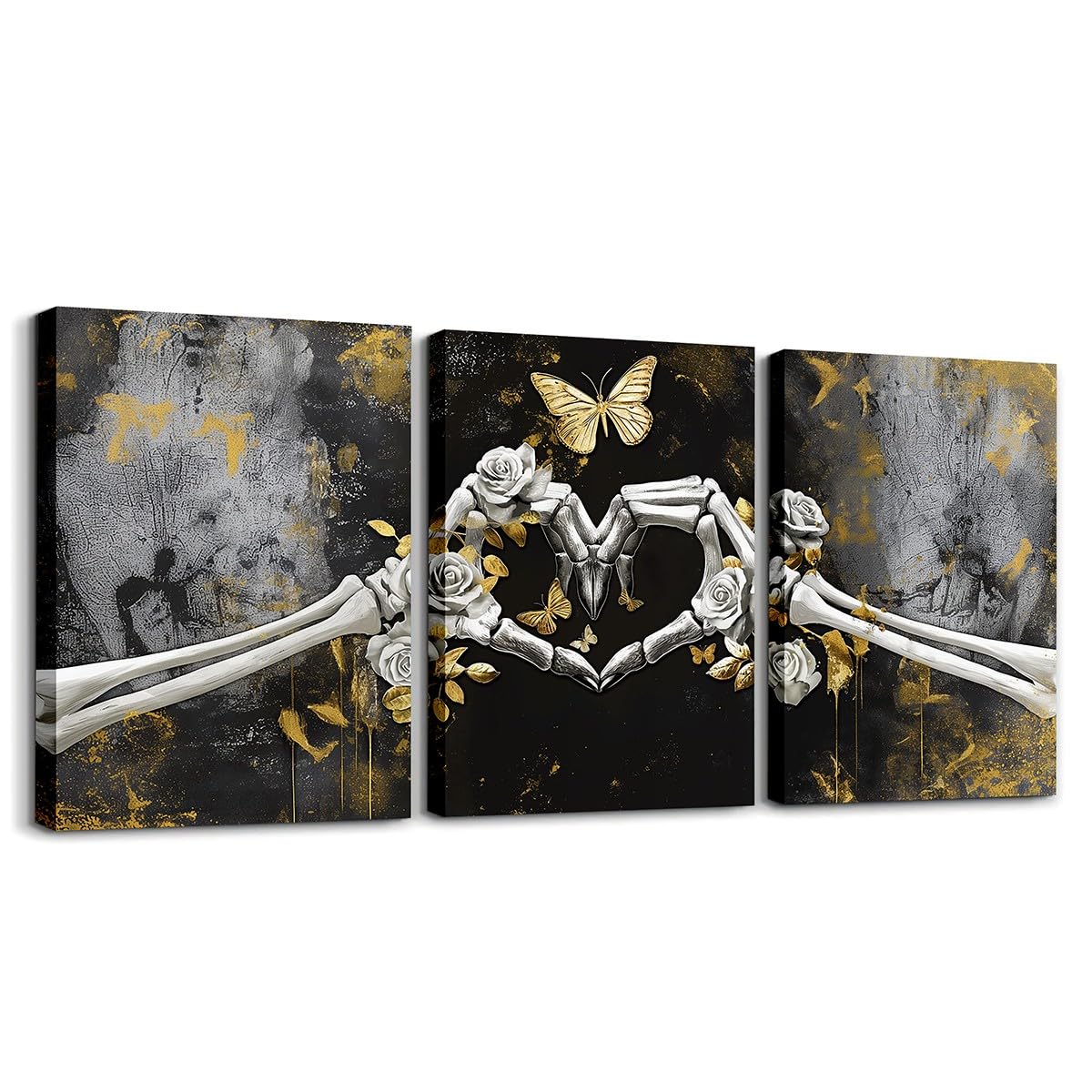 Manfei Gothic Skull Canvas Wall Art Set Of 3 Pieces, Skeleton Hands Heart Wall Decor Prints Home Artwork for Living Room Bedroom Decorative, Yellow