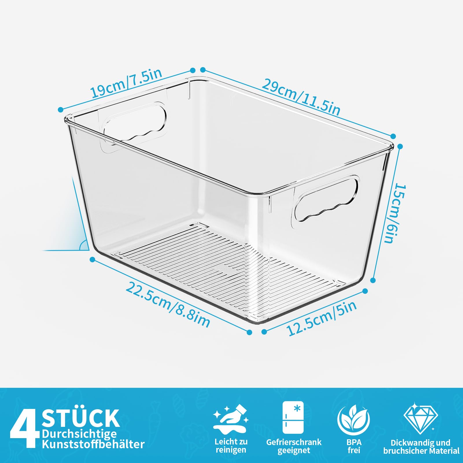 Kühlschrank Organizer Set, Küchen Organizer, Aufbewahrung Boxen für den Einsatz in Kühlschränken, Küchen, Schränken und Schubladen BPA frei (4 Stück, L(30x20x15CM))