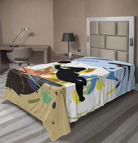 Lunarable Volleyball Flat Sheet, Colorful Smears and Stripes Background and Person Silhouette Playing Sports, Soft Comfortable Top Sheet Decorative