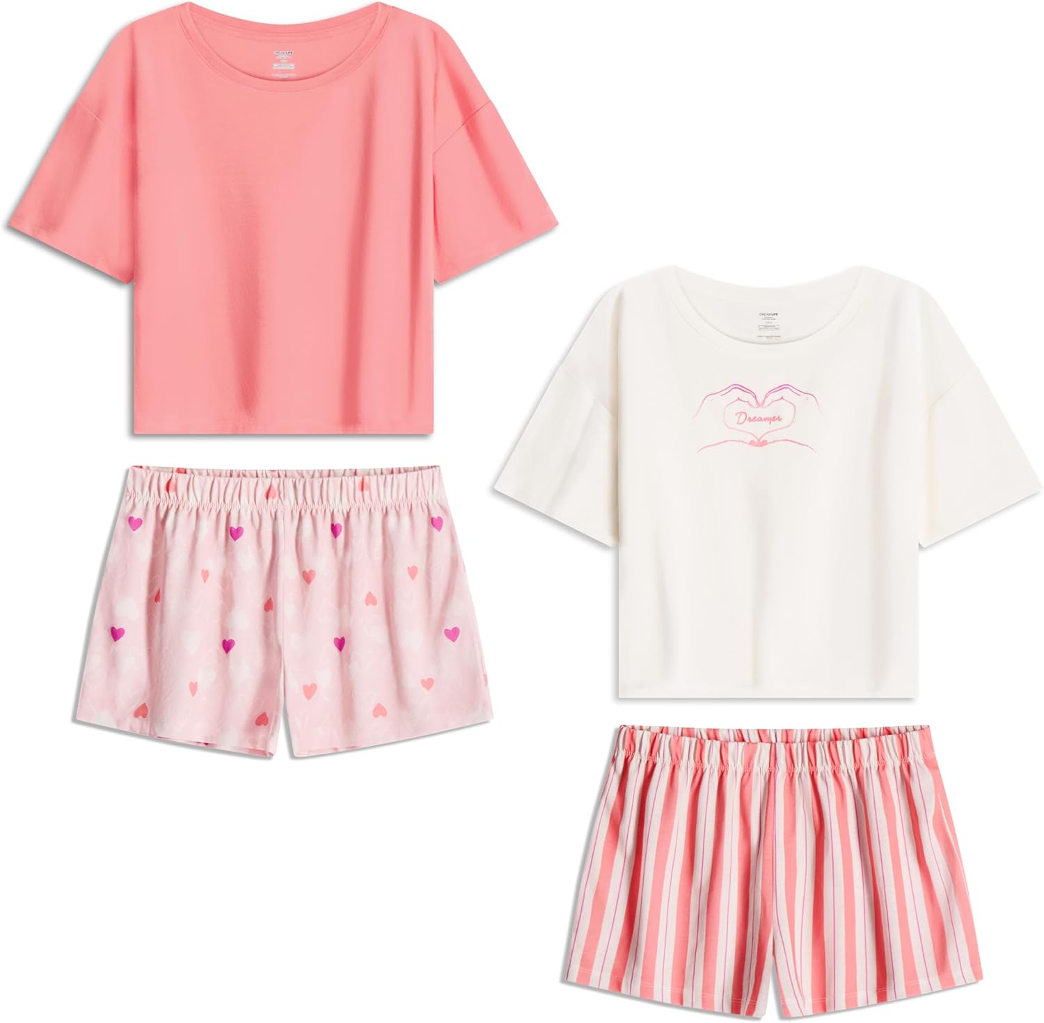 US Angels Girls Pajamas Sets- 4-Piece Cute Short Sleeve & Shorts PJ Set, Pink Girls’ Sleepwear, Kids Pajamas Sizes 5-16
