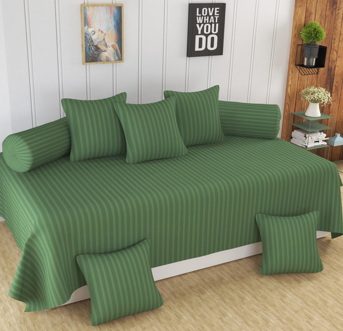 Homefab India 160 TC Stripe Glace Cotton Diwan Set - 8 Piece - Dark Green