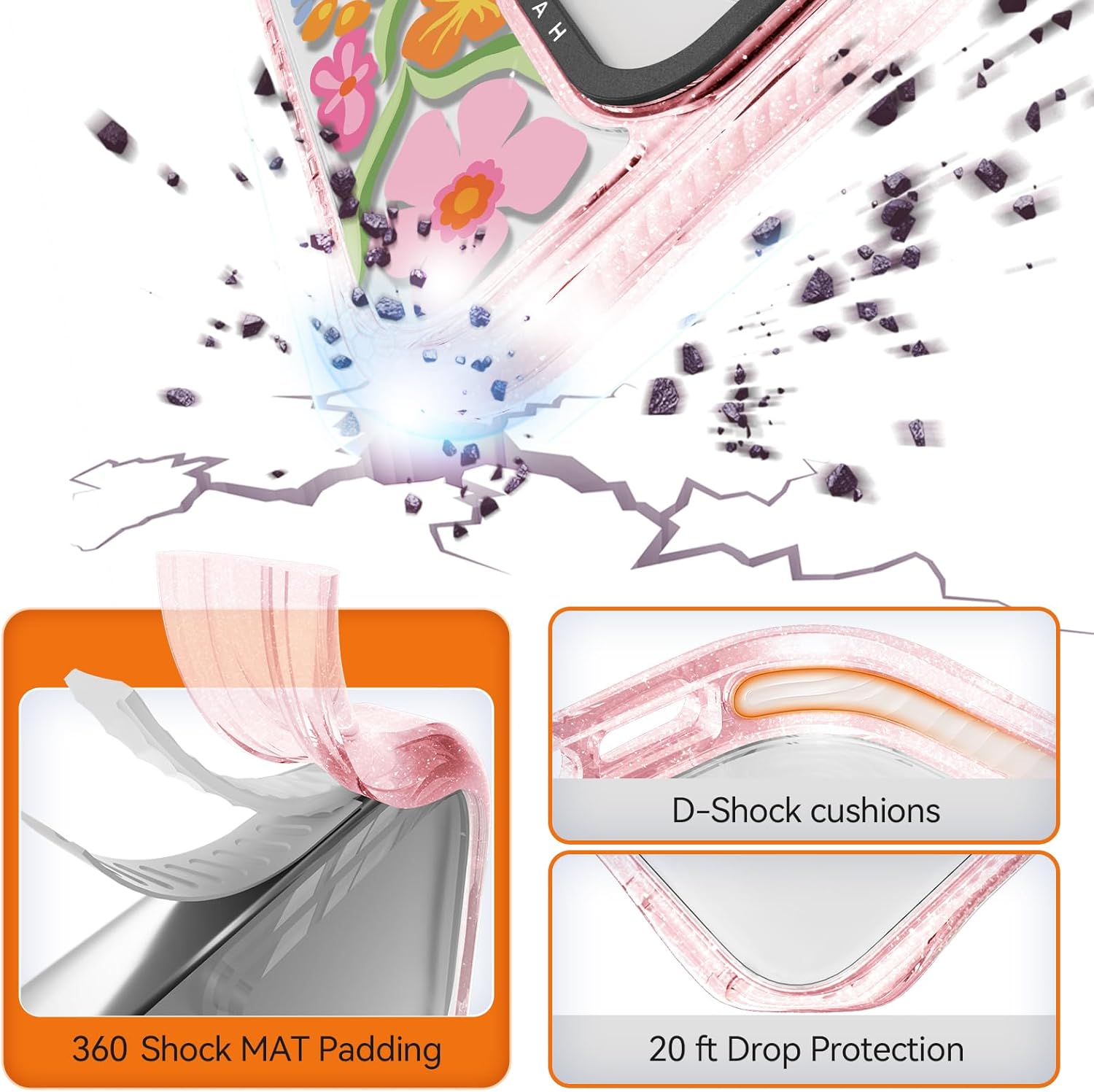 Rosarnnah for iPhone 16 Pro Case Cute - Compatible with Magsafe - Military-Grade 20 ft Drop Protection Shockproof Phone Case - Funny Passion Flower Design (6.3") Glitter Pink