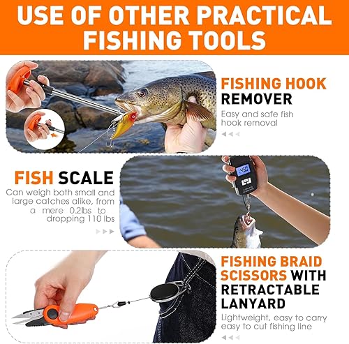 Miniatura 6 de Kit de herramientas de pesca de 10 piezas, alicates de pesca con cordón y fundas protectoras, salabre, cuchillo de filete, balanza de pescado,