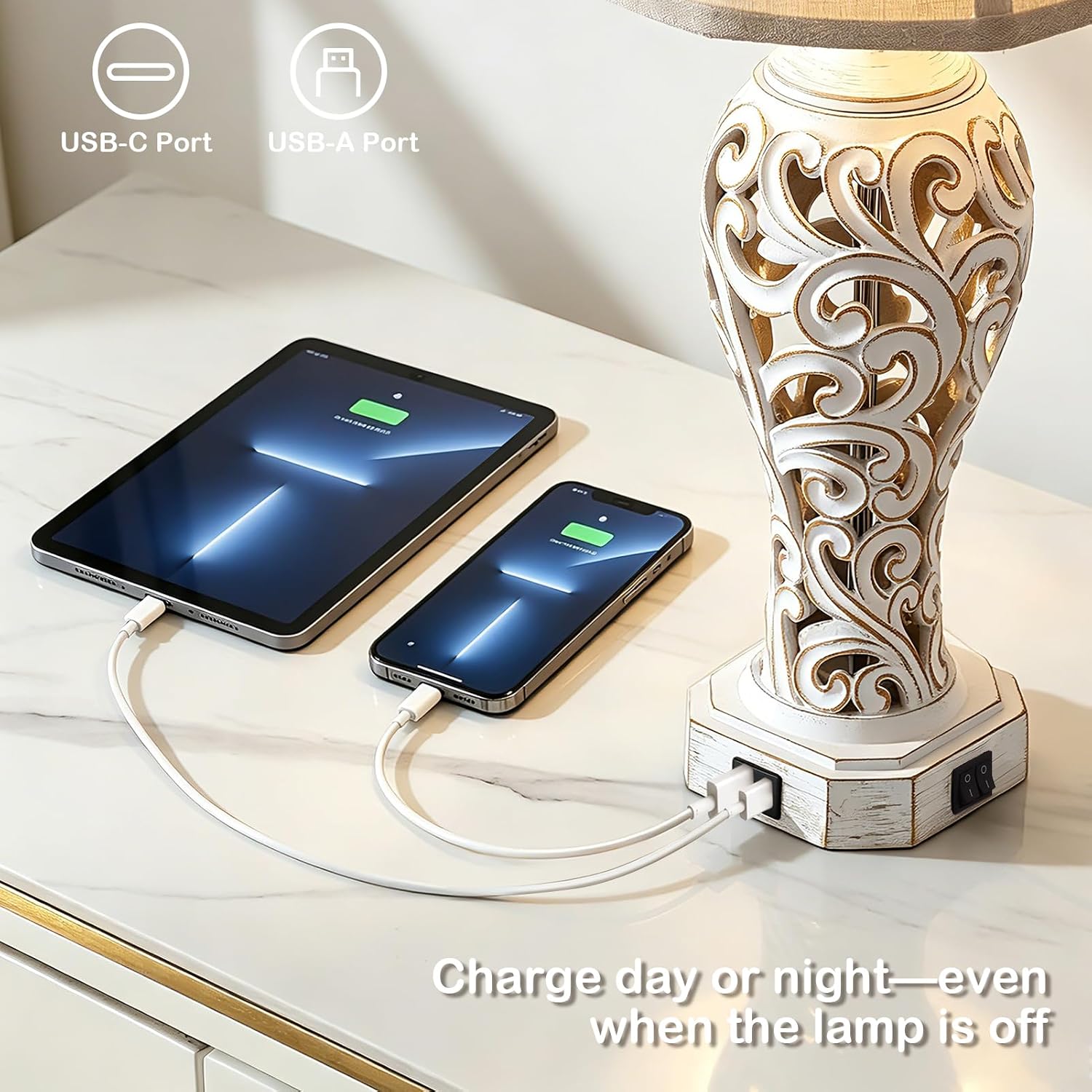 28" Set of 2 Farmhouse Table Lamps for Living Room with USB C+A image 4