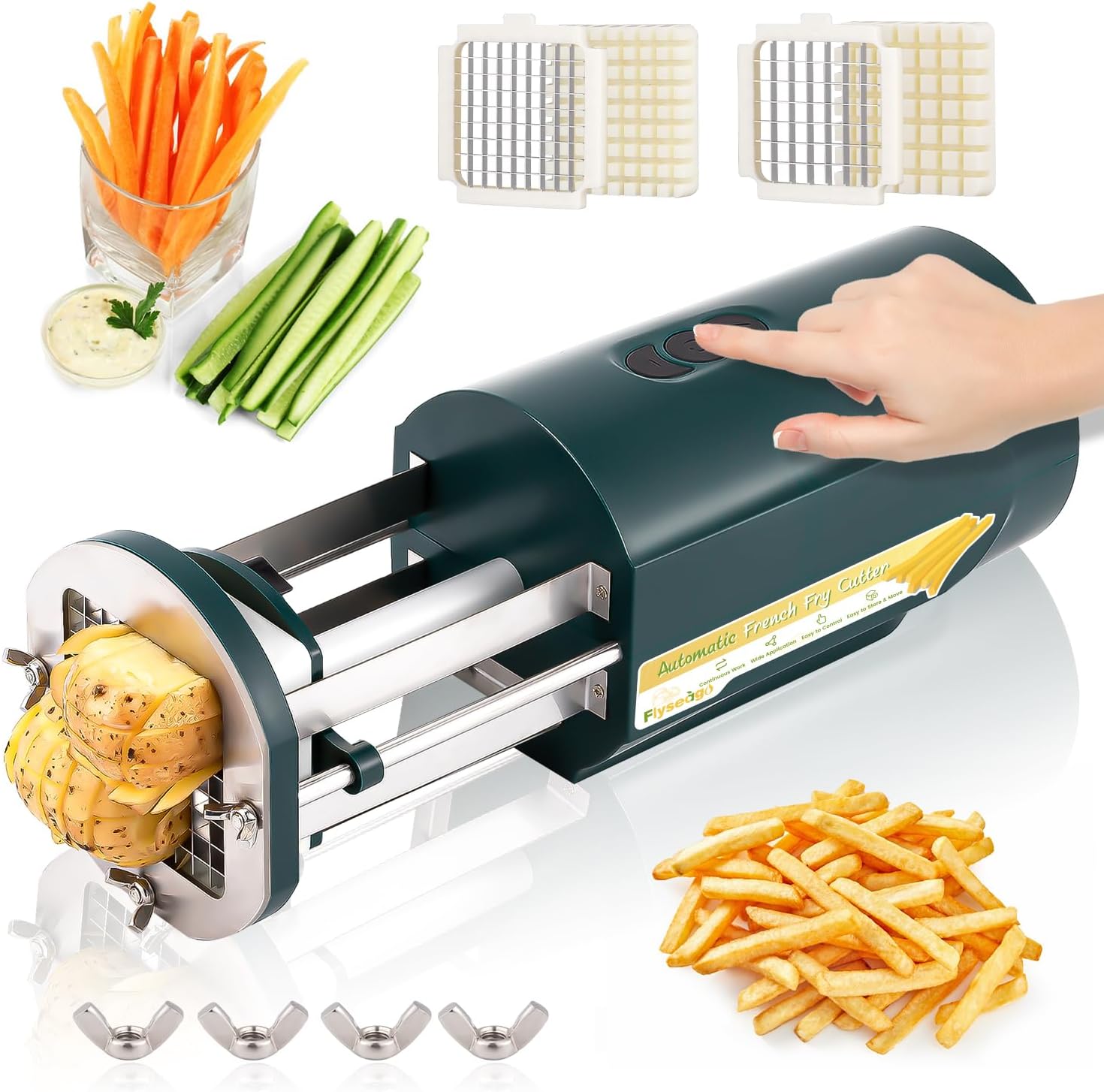 Electric French Fry Cutter Automatic Potato Cutter Machine Commercial French Fry Maker Cutter Household with 1/2 & 3/8 Inch Stainless Steel Blades for Cucumbers, Carrots (Green)