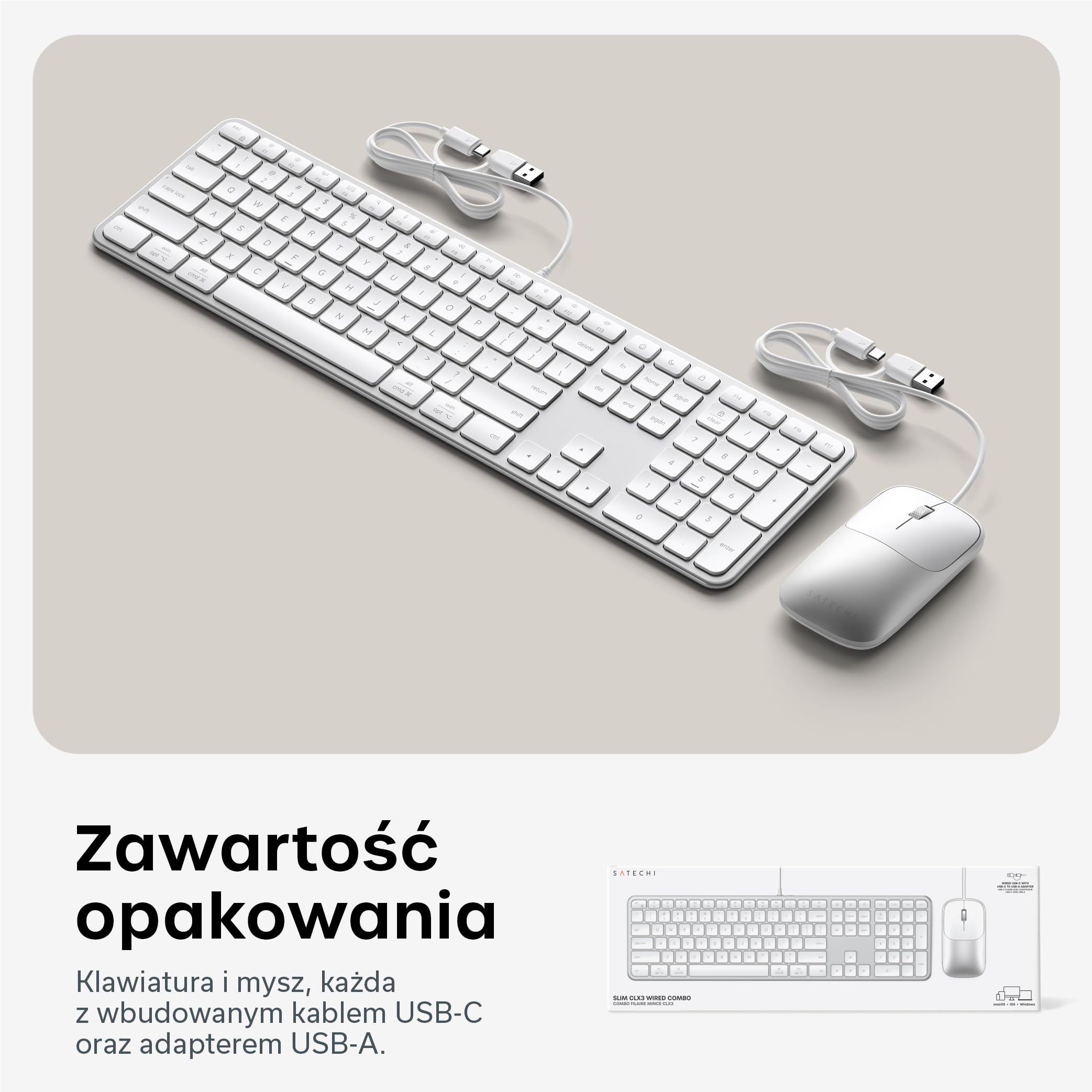 SATECHI klawiatura i mysz CLX3, amerykański układ QWERTY, srebrne | Plug and Play przez USB-C, zgodność z macOS i Windows oraz urządzeniami z Androidem