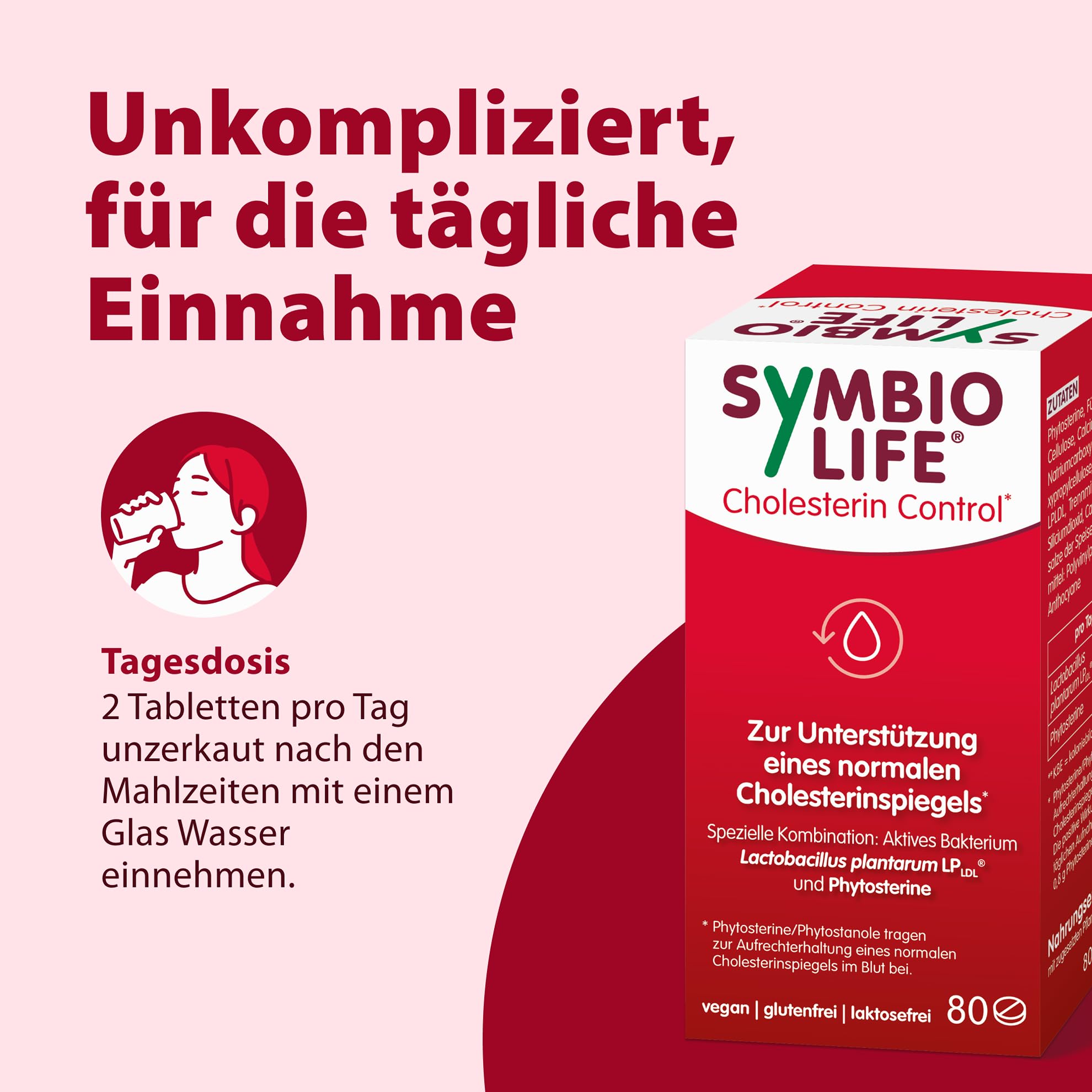 SymbioLife Cholesterin Control*, 80 Tabletten: Nahrungsergänzungsmittel mit Lactobacillus Plantarum und Phytosterinen, Aufrechterhaltung eines normalen Cholesterinspiegels, Vegan