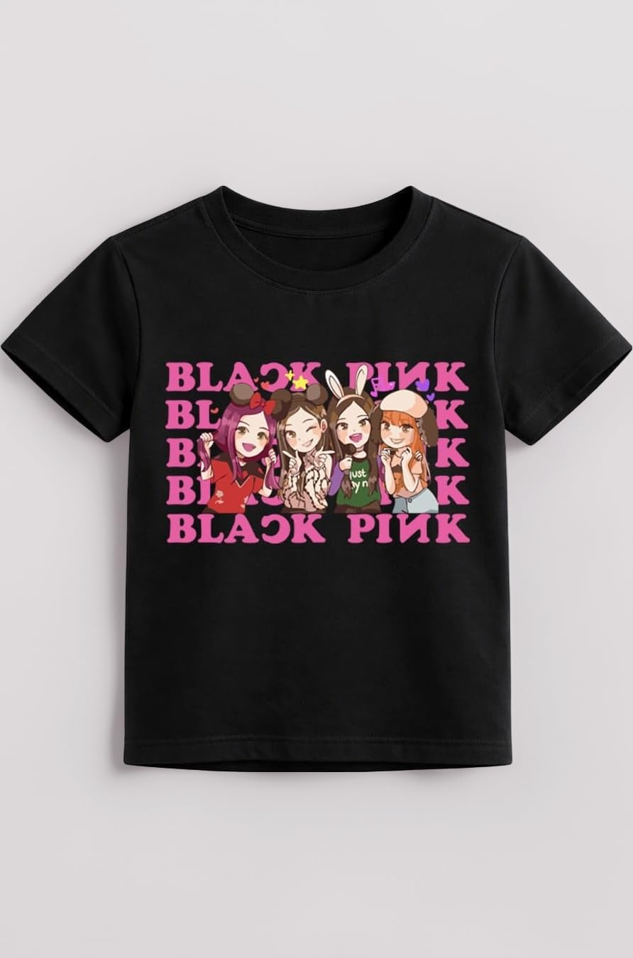 Unisex Cotton Round Neck Blackpink Kpop Printed Tshirt for Girls/Boys/Kids (Black) BKT26BK05