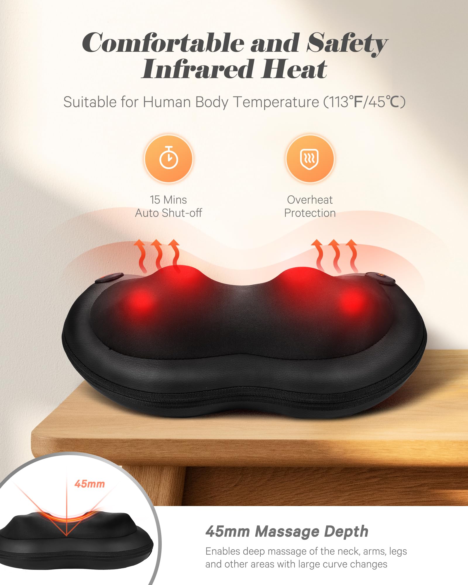 Almohadilla de masaje con cable para cuello, masajeador de espalda, cabezal de masaje giratorio, función de calefacción, apagado automático, adecuado para la oficina en el hogar