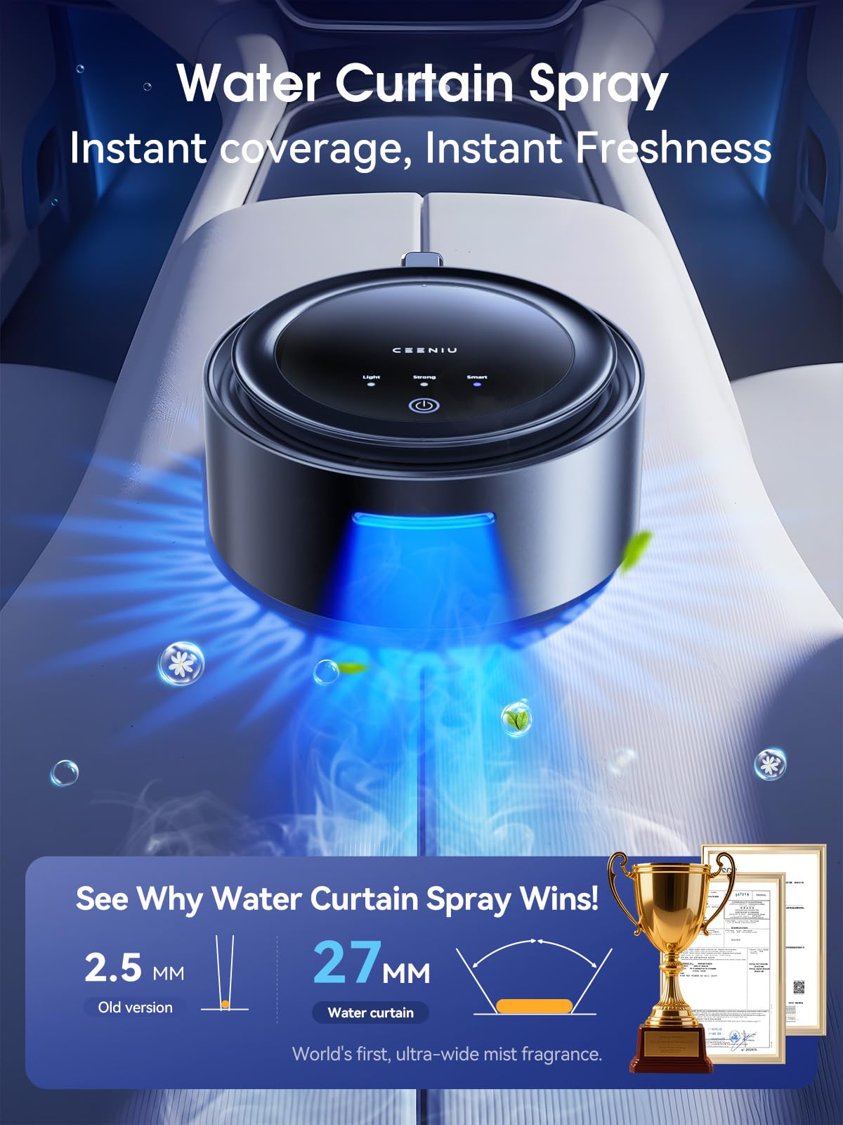 Ceeniu Smart Car air freshener, 2025 Ultra Wide Angle Ultrasonic Mist with Blue Aurora Car freshener, Magnetic Design, Auto On/Off, Powerful Built-in Battery, CF11 Ocean Scent