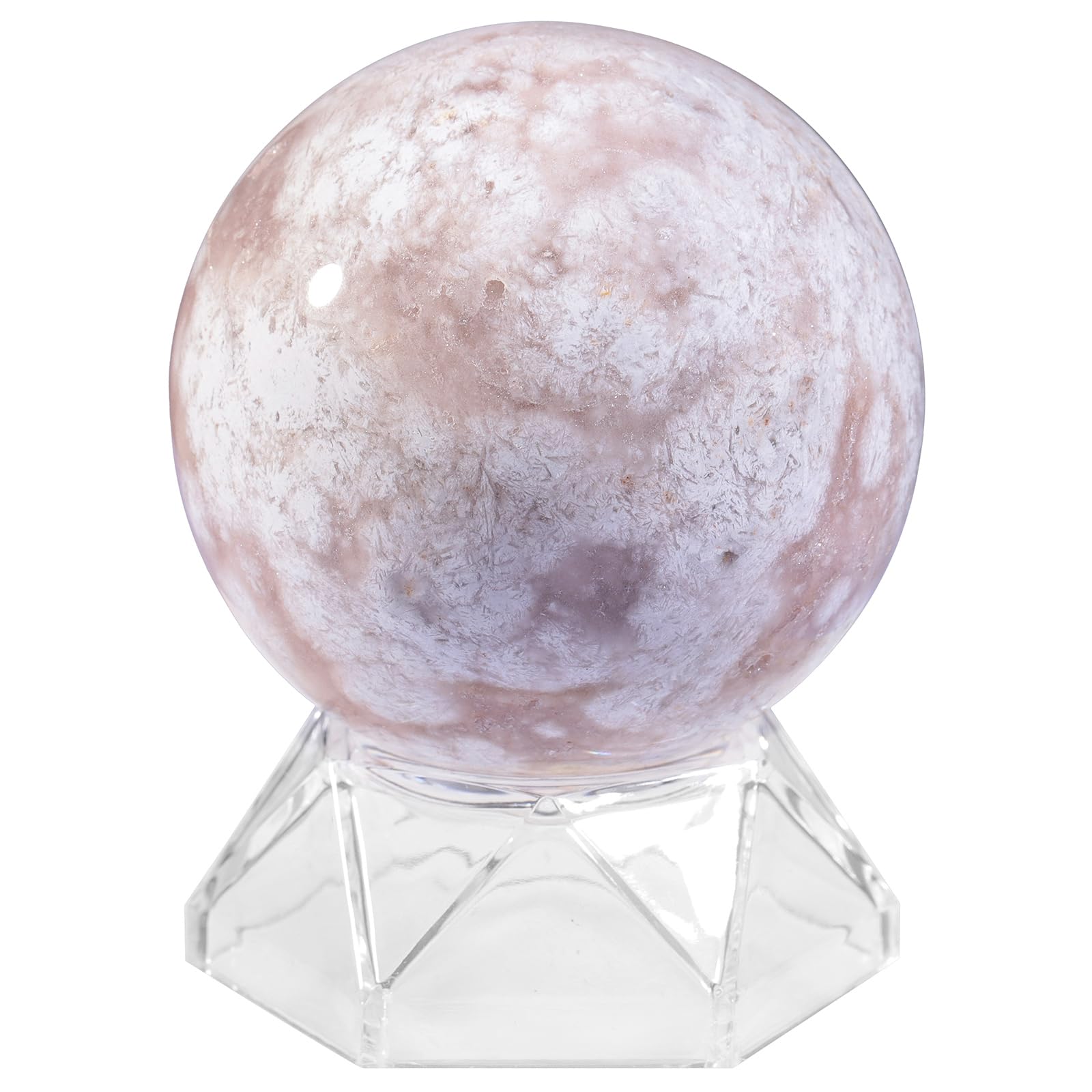 mookaitedecor natürliche Kirschblüten Achat Kristallkugel mit Acrylständer, 61-70 mm Wahrsagerei Sphere Skulptur für Fengshui, Meditation, Kristallheilung, Heimdekoration