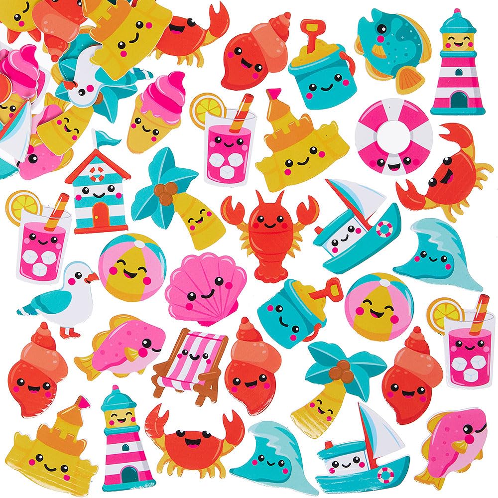 Baker Ross VC102 Beach Buddies Foam Stickers - Pack of 120, Assorted Summer Craft Stickers