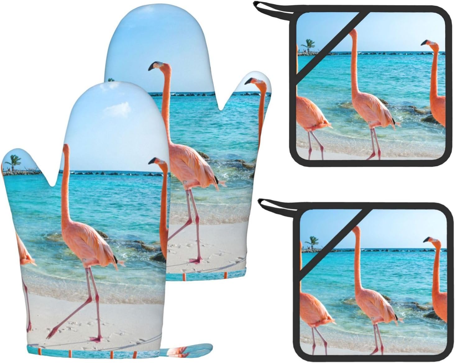 Flamingo on Beach Oven Mitts and Pot Holders Set of 4 Heat Resistant Kitchen Gloves with Silicone Palm Hot Pads for Baking Cooking Grilling BBQ