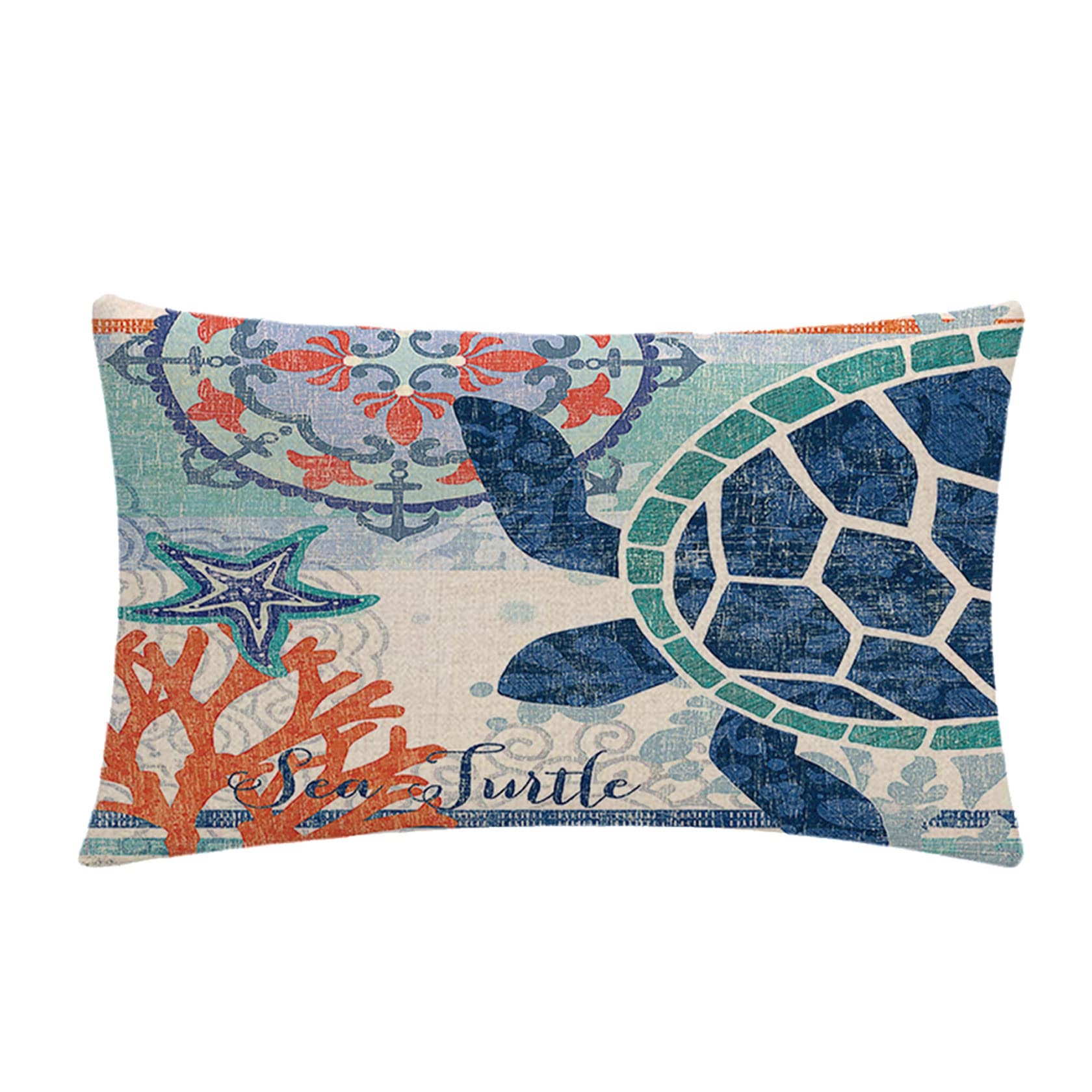 7COLORROOM 2Pack Ocean Theme Throw Pillow Covers Mediterranean Style Decorative with Sea Turtles/Coral Rectangular/Waist Cushion Cover Beach Nautical Cotton Linen Decorative Pillowcases 12"x20" 1