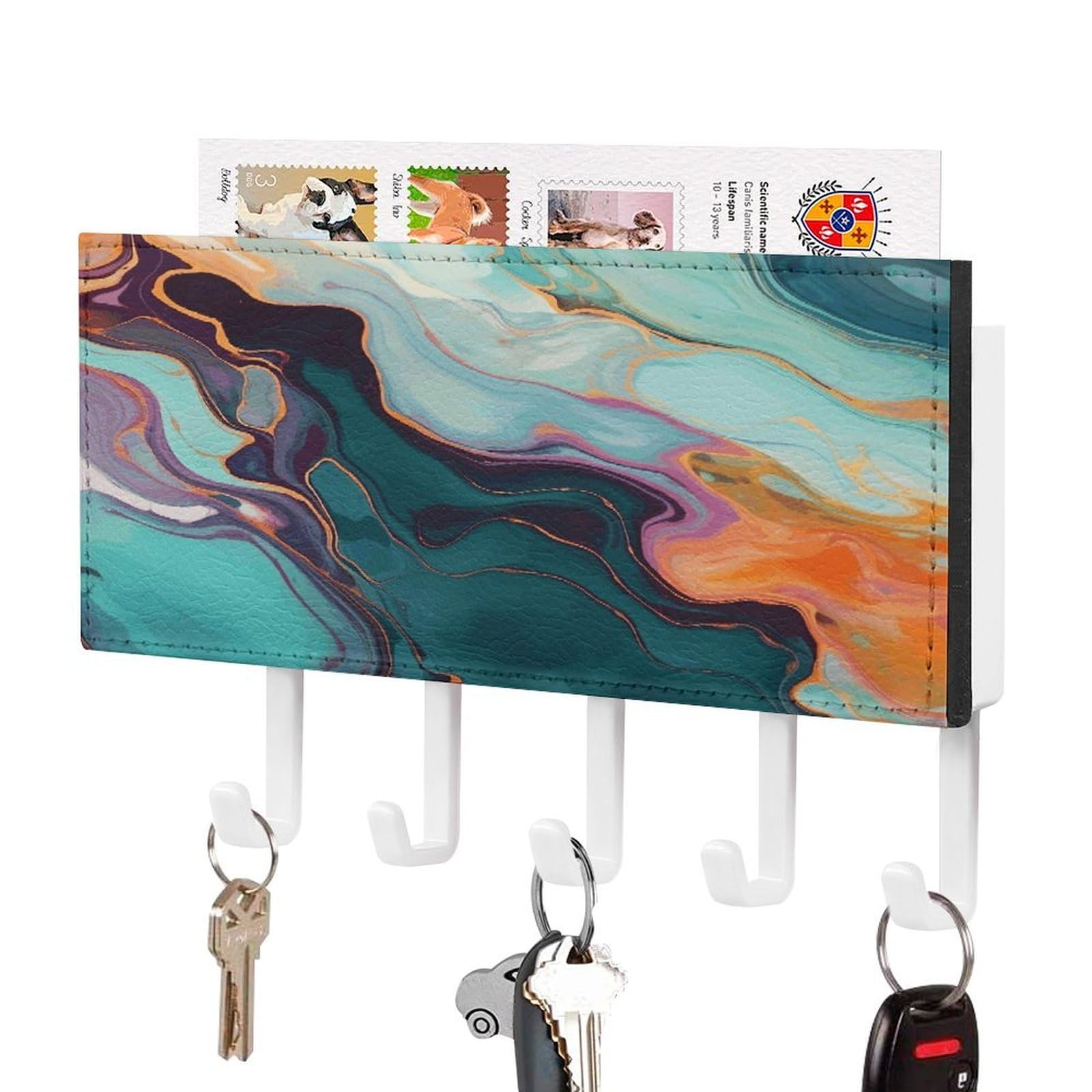 FekiLoot Colourful Marble Key Holder Wall Mount Key and Mail Holder Key Hanger with 5 Hooks Decorative PU Key Rack Hanging Key Hooks for Wall Living Room Kitchen Bathroom Hallway White-Style