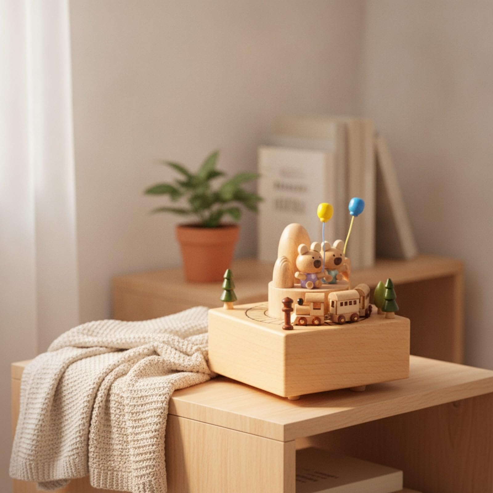 Carillon con Figure in Legno di Faggio per Bambini con Manovella E Piattaforma Rotante per Controllare Il Regalo Adatto per Camerette E Studi, Palloncino Orso