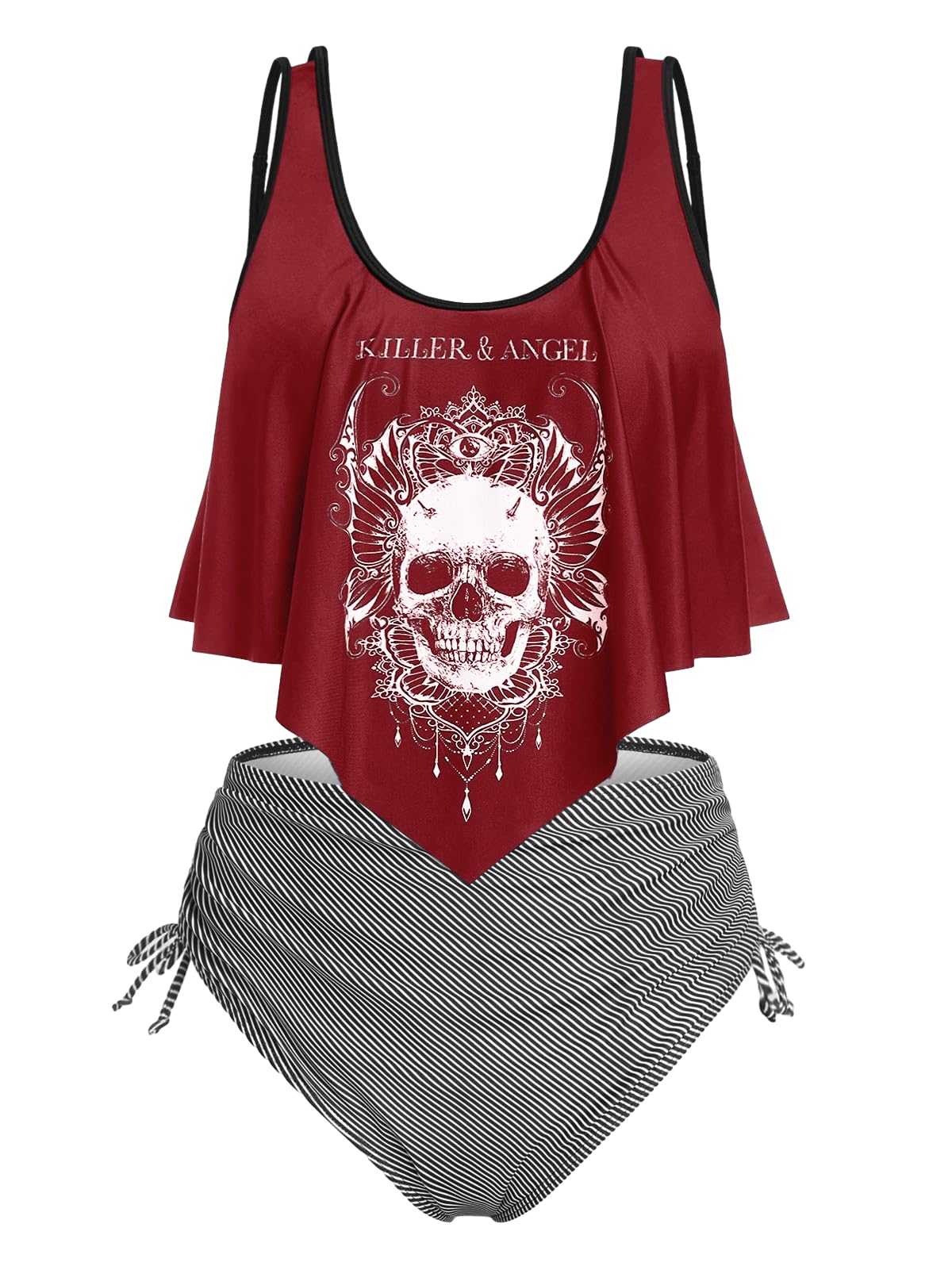 Rosegal Womens Plus Size Curve Gothic Skull Print Ruffled Overlay Tankini Swimwear Set