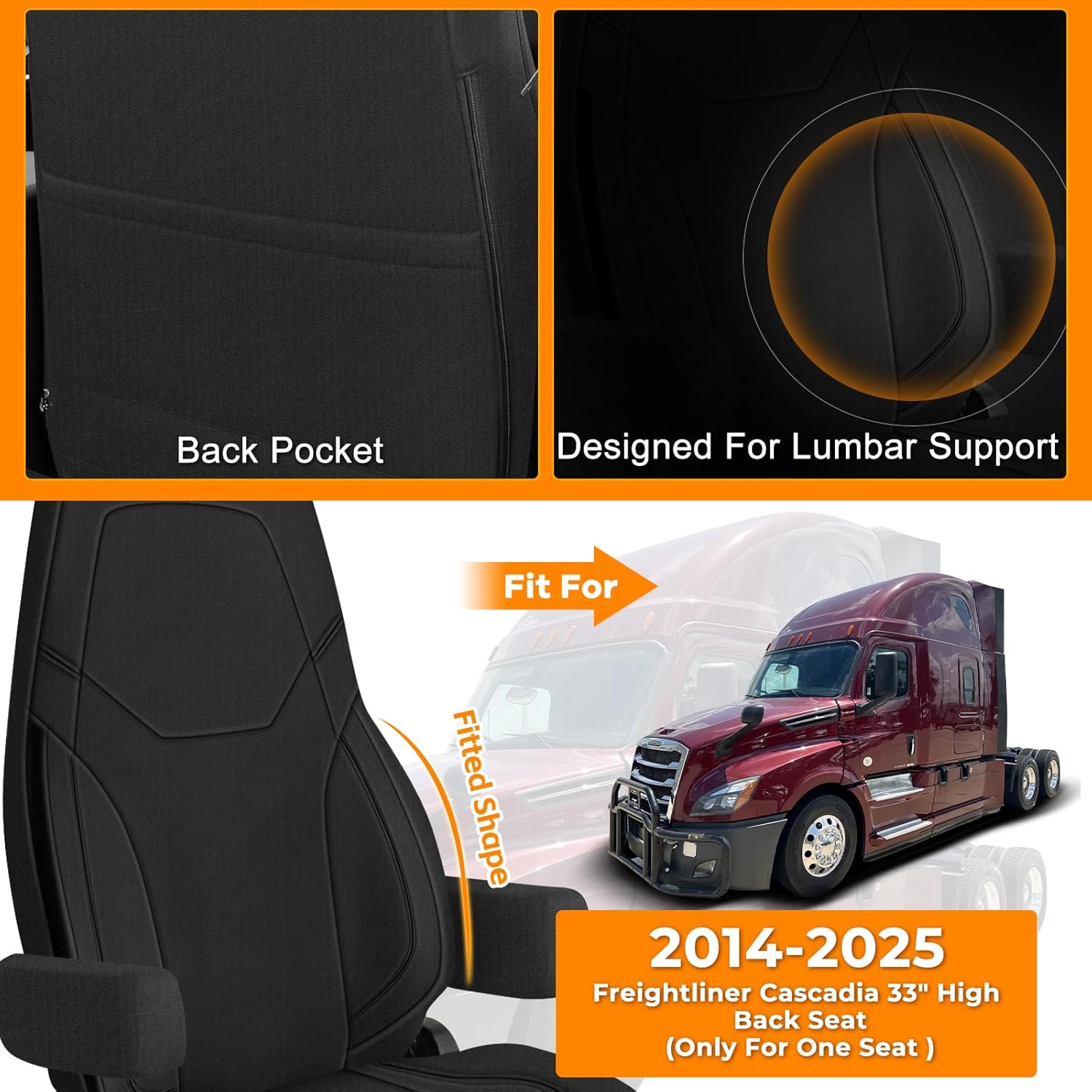 Neoprene Seat Cover Compatible with 2014-2025 Freightliner Cascadia 125 116 126, 33in High Back Seat Cover with Armrest Cover, Driver or Passenger Side Only One Seat