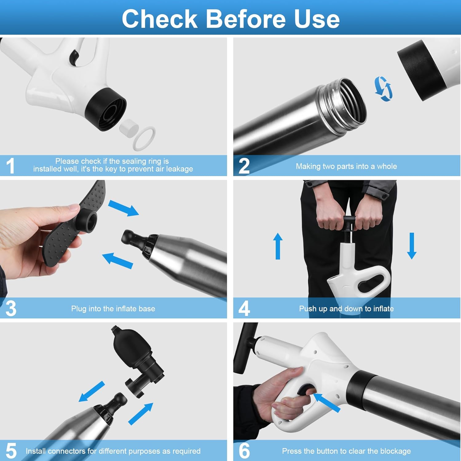 Toilet Plunger, Air Drain Blaster, Drain Clog Remover Tool, Heavy Duty Toilet Plunger with Visual Barometer, Toilet Clog Remover Powerful Toilet Plunger for Sink Bathroom Kitchen Clogged Pipe, White