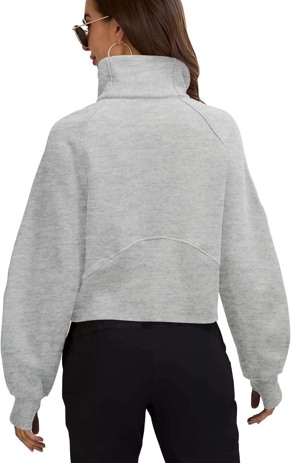 Womens Sweatshirts Half Zipper Crop Pullover Funnel Neck Fleece Lined Zip Up Long Sleeve Tops Thumb Hole Light Grey - Image 2