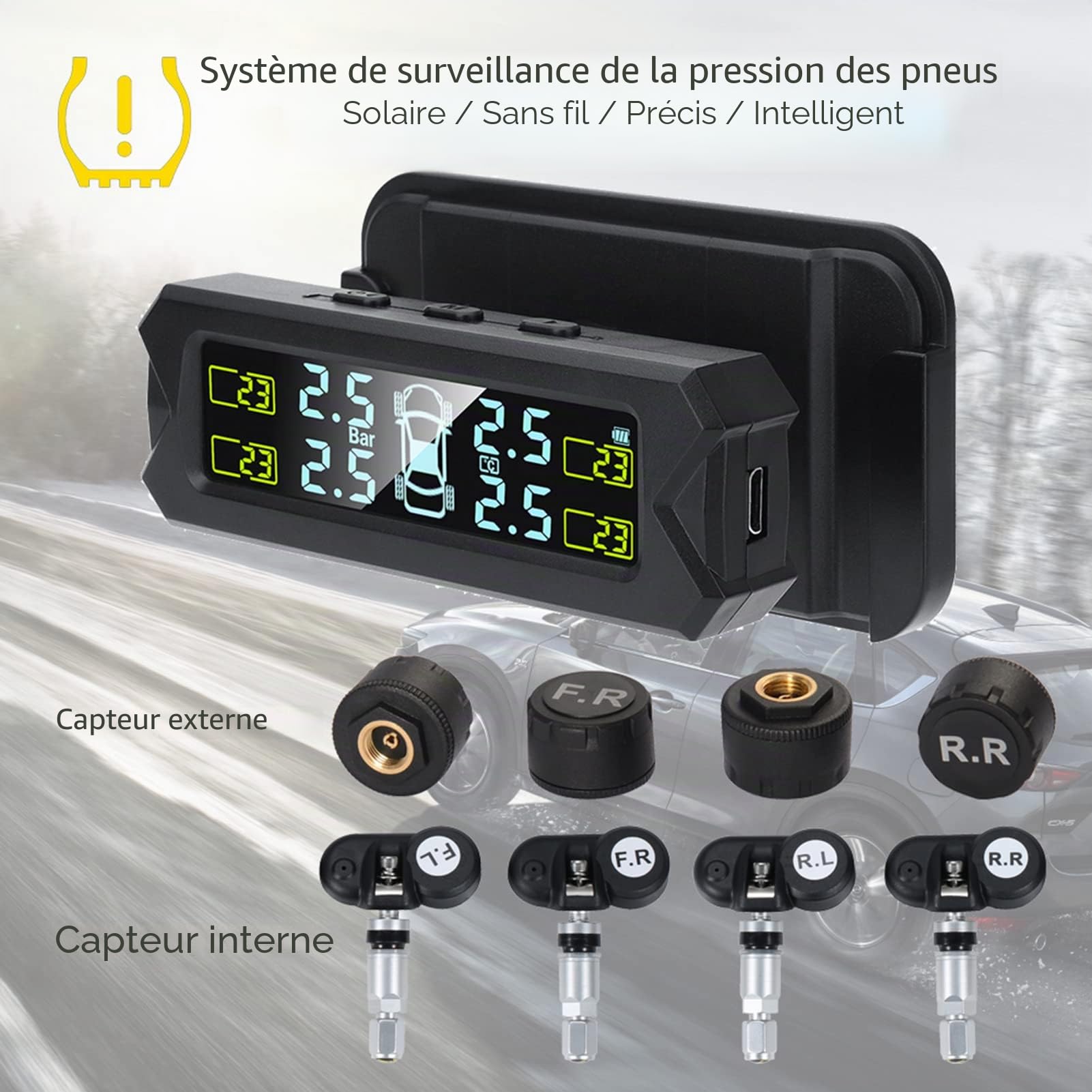 Shkalacar USB/Solar TPMS 0-81 PSI Système de Surveillance de la Pression des pneus avec 4 capteurs, 5 Modes d'alarme, écran LCD avec rétroéclairage Automatique pour Voiture berline SUV MPV