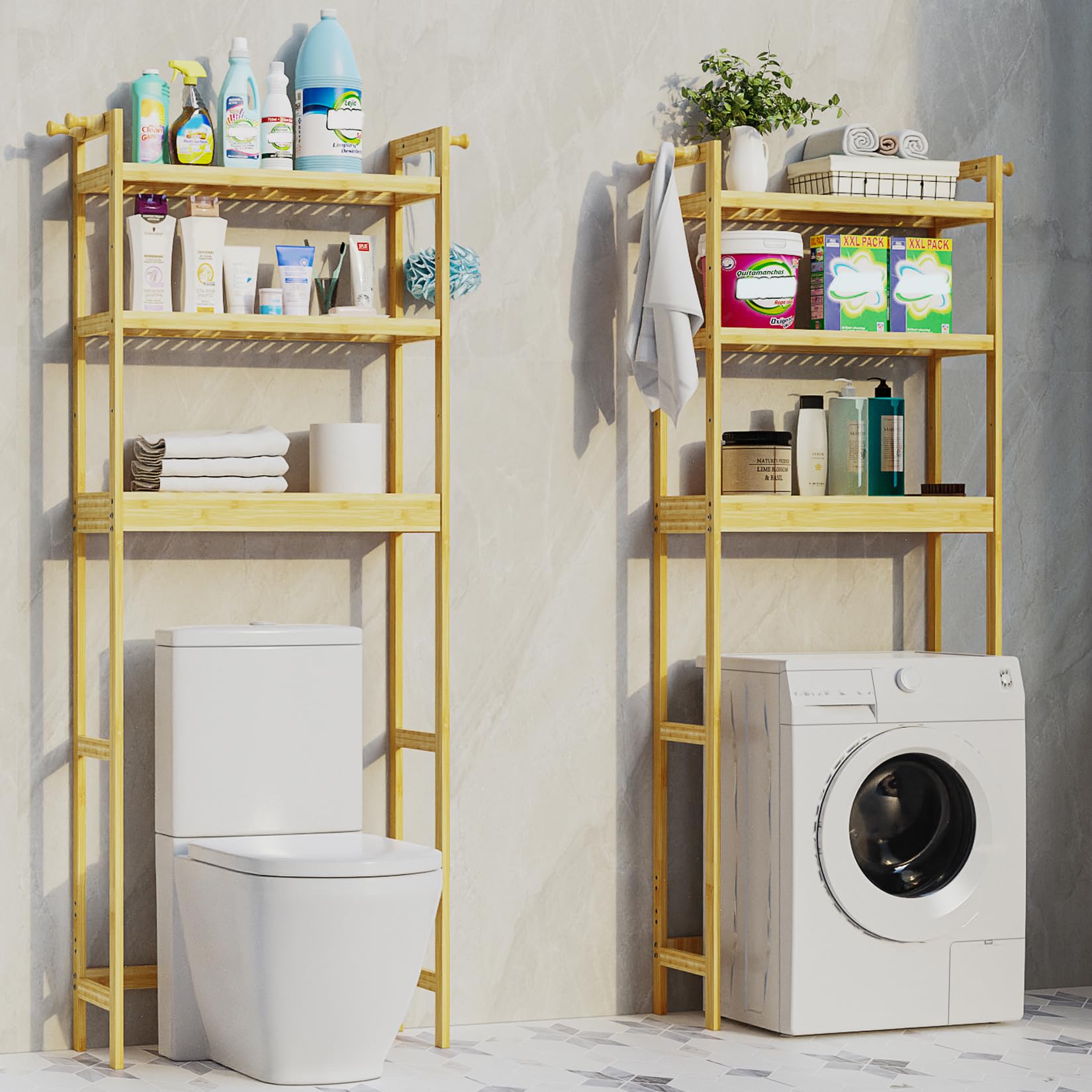 unho Scaffale Mensola per Lavatrice: Bagno Mobile Sopra WC in Bambù Portaoggetti Ripiani Regolabili Salvaspazio Scaffalatura per Lavatrice 63x26x170 cm
