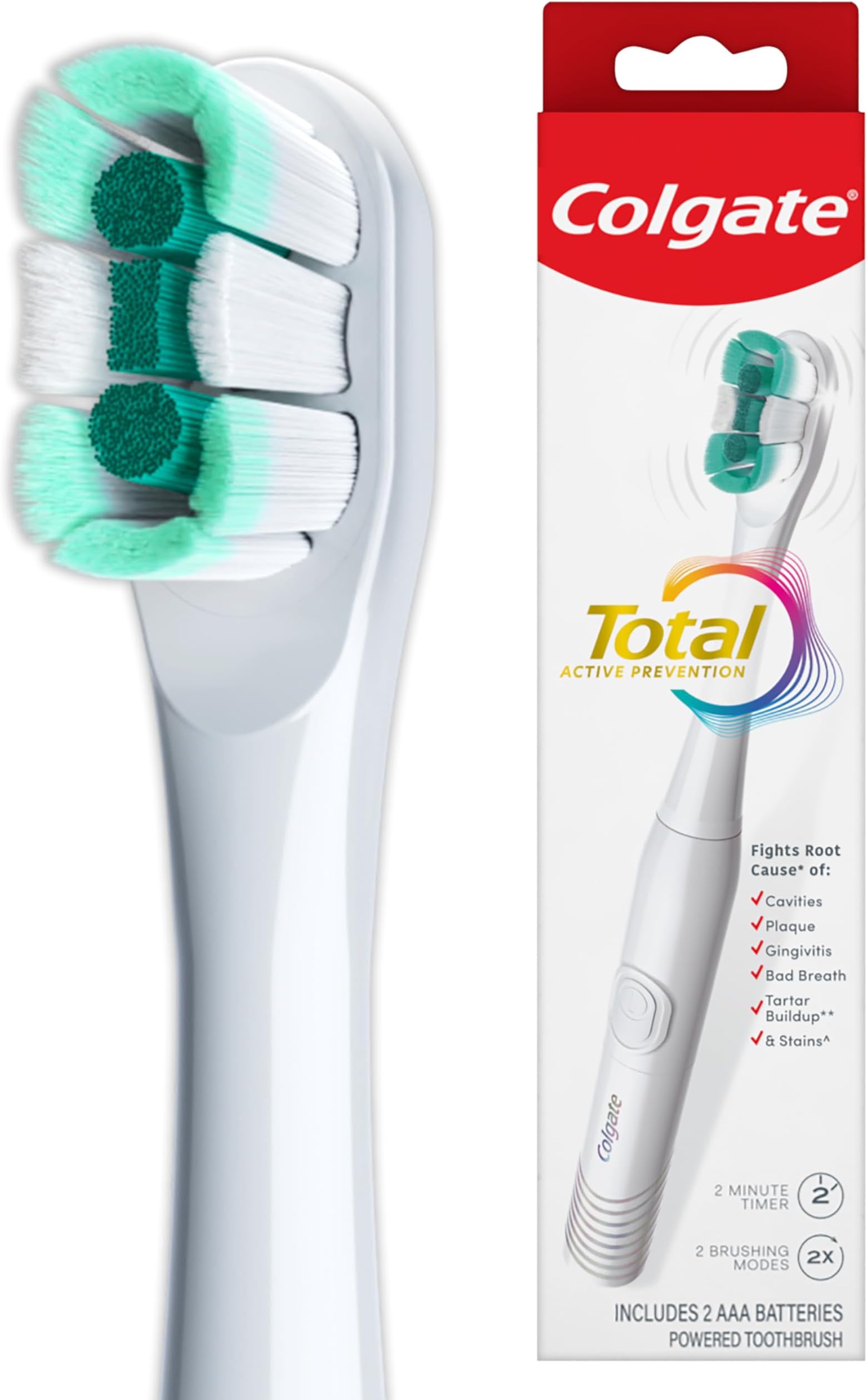 Colgate Total Battery Powered Toothbrush, 1 Pack, Soft Bristled Battery Toothbrush for Adults, Includes 2 AAA Batteries and Built in 2 Minute Timer, Sensitive and Regular Brushing Modes, White