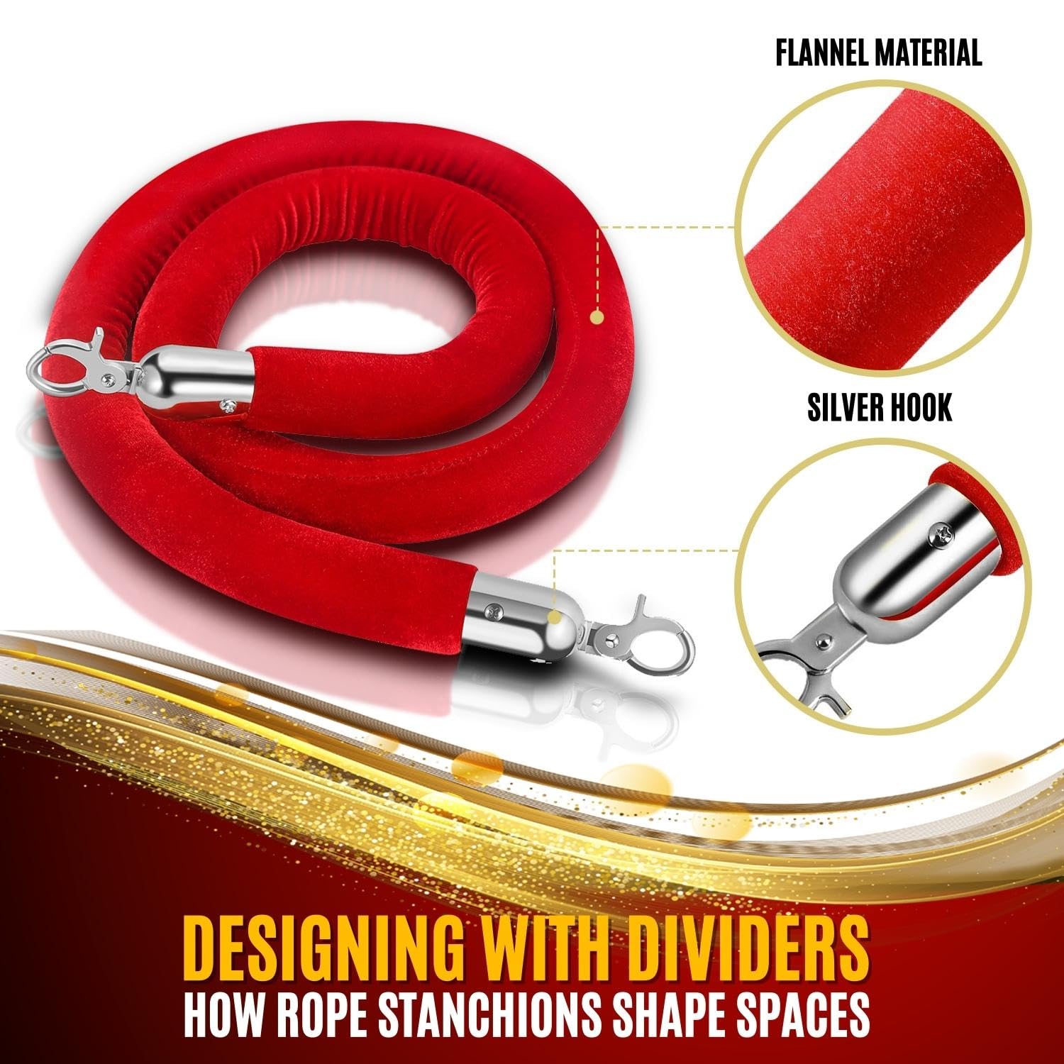 Flexzion Absperrseil aus Samt 3,8 cm dicke Absperrkordel Absperrband Rungenseil für Warteschlange, Rundvelours mit versilbertem, poliertem Karabinerhaken, Rot, 1,5 M (1 Stück)