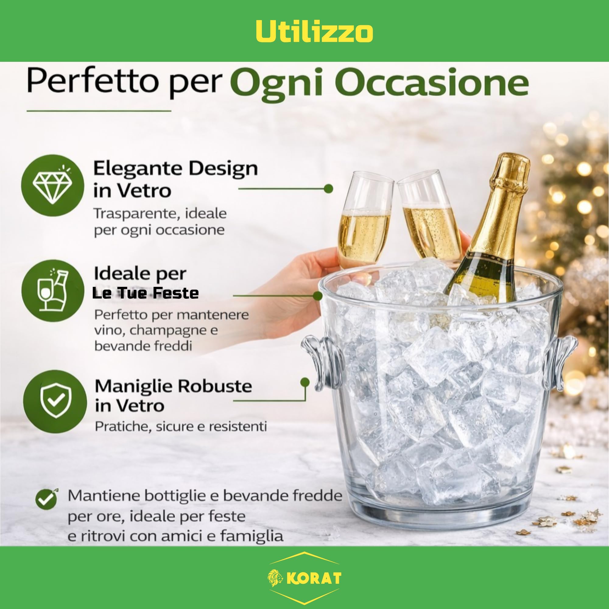 KORAT Secchiello Ghiaccio in Vetro Trasparente con Manici – Porta Bottiglie Champagne e Vino – 3 Dimensioni (Piccolo, Medio, Grande) – Elegante per Feste, Eventi e Casa (Grande - 20x20x25 Cm)