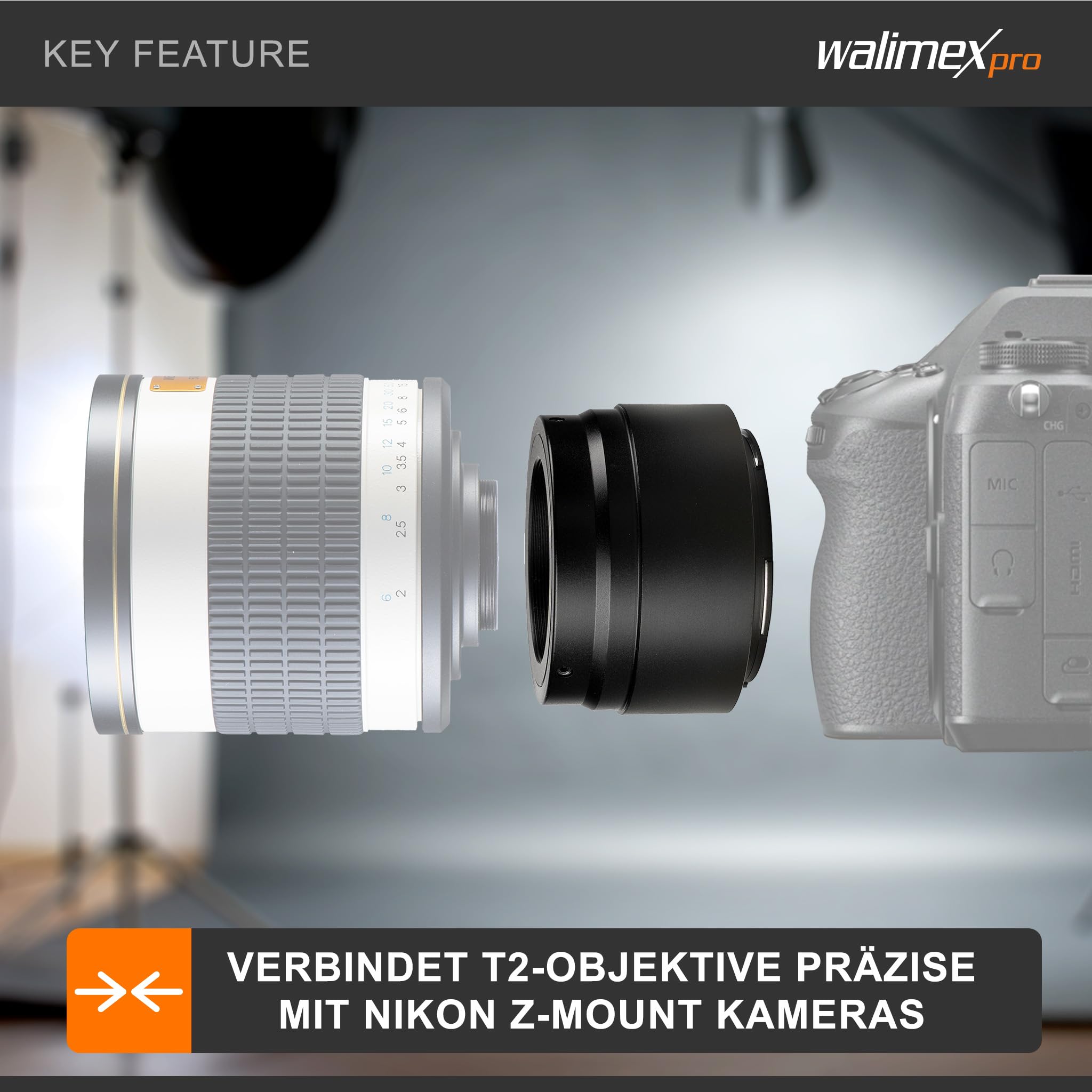 Walimex pro Adattatore T2 per Nikon Z – Anello adattatore con messa a fuoco manuale, facile da usare, anello di collegamento per obiettivo compatibile con Nikon Z6, Nikon Z7, Nikon Z50, Nikon Z5,