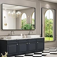 Vista 4 de LOAAO - Espejo de baño con marco de metal negro para pared, espejo grande de 60X36 pulgadas rectangular redondeado, espejo mate de baño negro